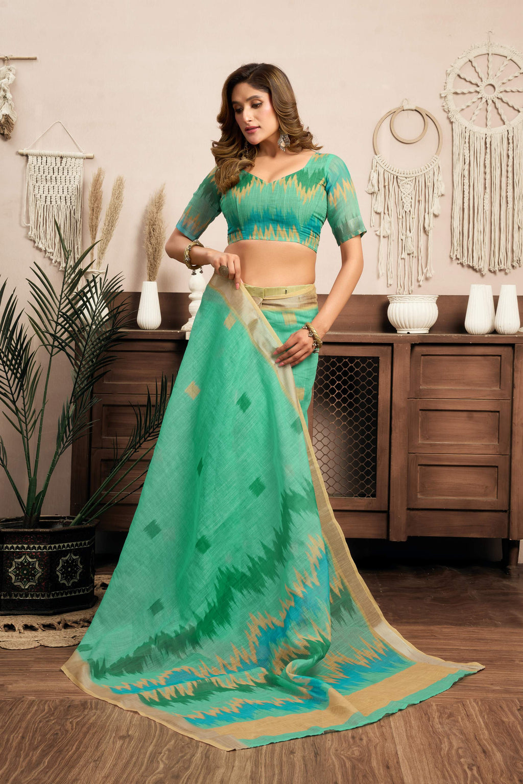Dwija Fashion Mint Green Party Wear Printed Linen Ready To Wear Saree With Unstitched Blouse | Grocsy