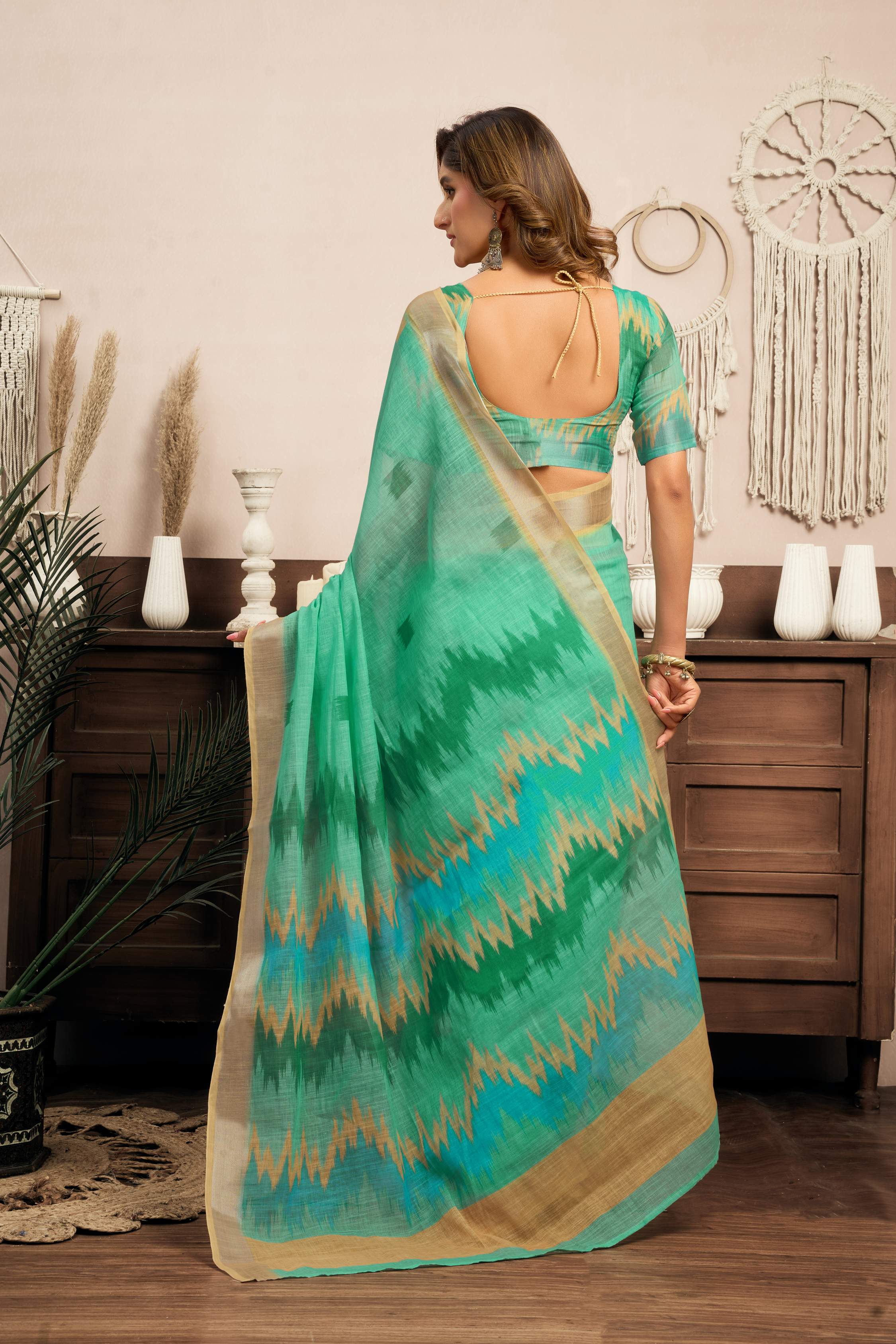 Dwija Fashion Mint Green Party Wear Printed Linen Ready To Wear Saree With Unstitched Blouse | Grocsy