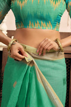 Dwija Fashion Mint Green Party Wear Printed Linen Ready To Wear Saree With Unstitched Blouse | Grocsy