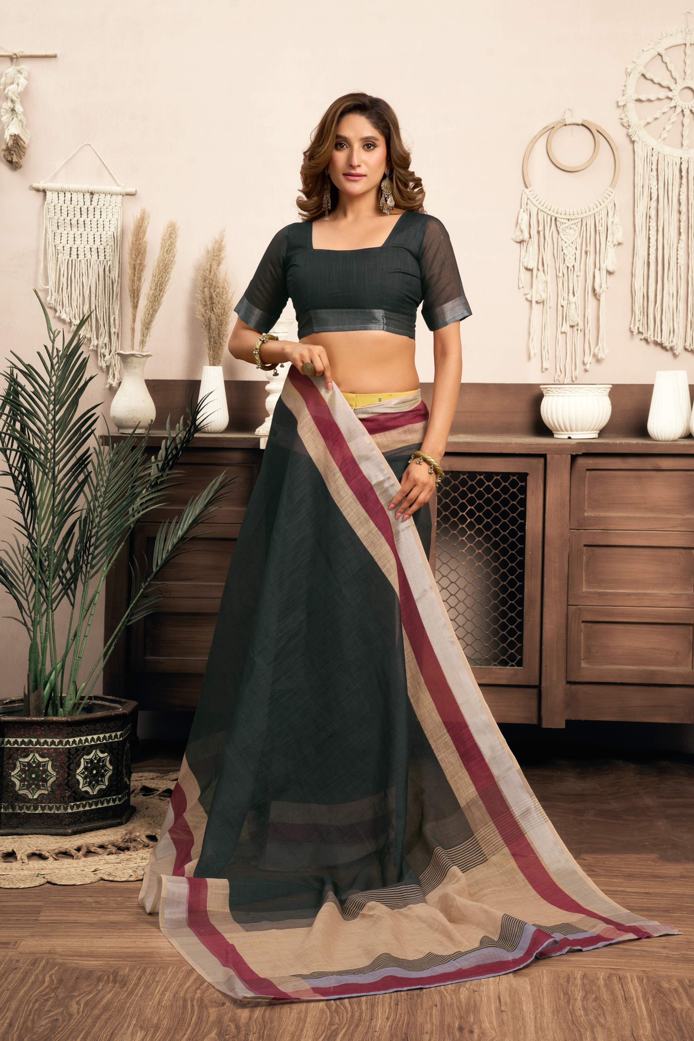 Dwija Fashion Black Party Wear Printed Linen Ready To Wear Saree With Unstitched Blouse | Grocsy