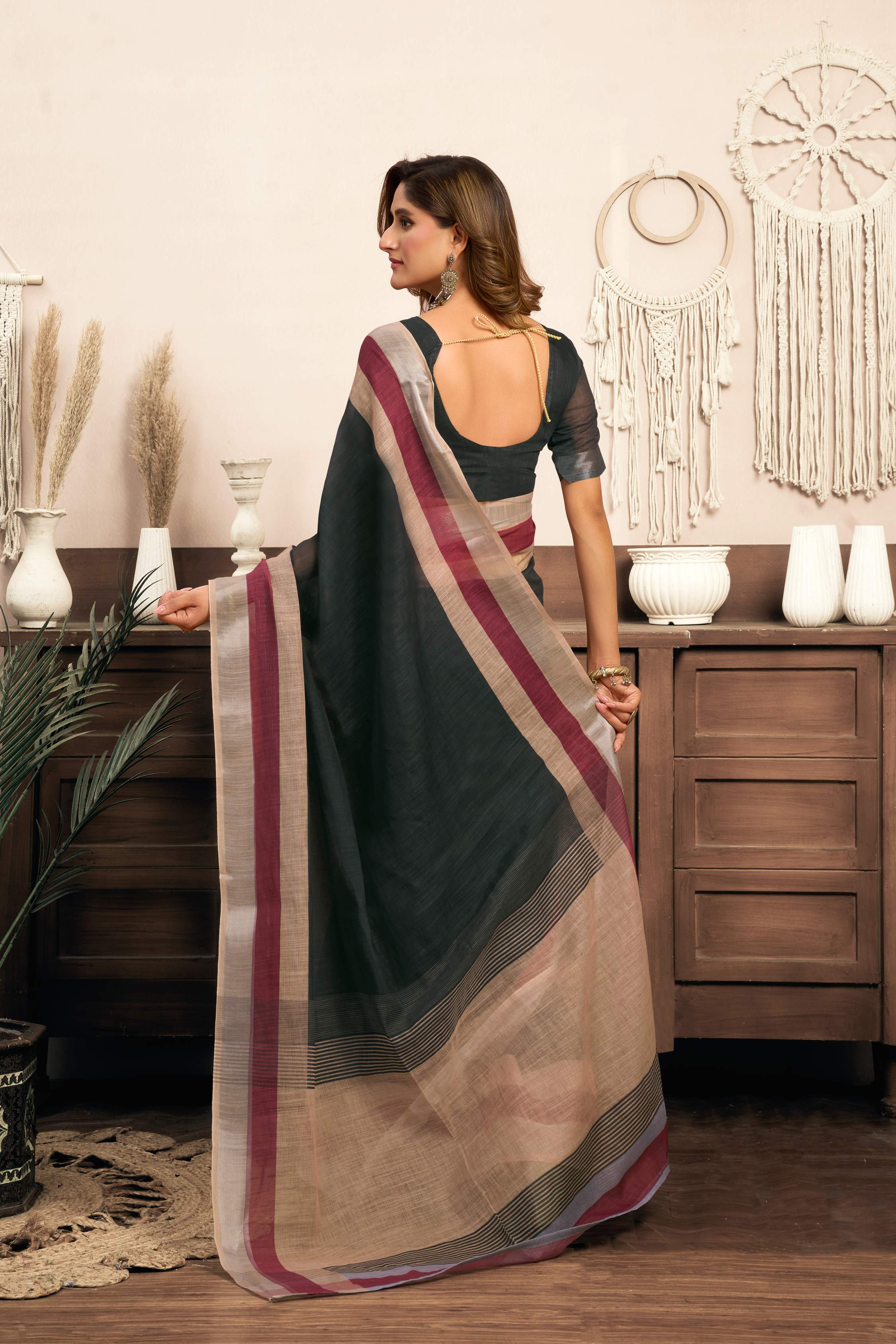 Dwija Fashion Black Party Wear Printed Linen Ready To Wear Saree With Unstitched Blouse | Grocsy