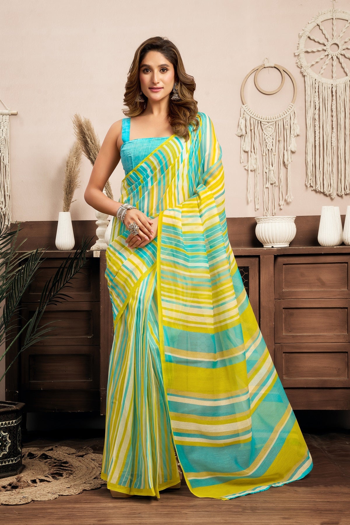 Dwija Fashion Mint Green Party Wear Printed Linen Ready To Wear Saree With Unstitched Blouse | Grocsy