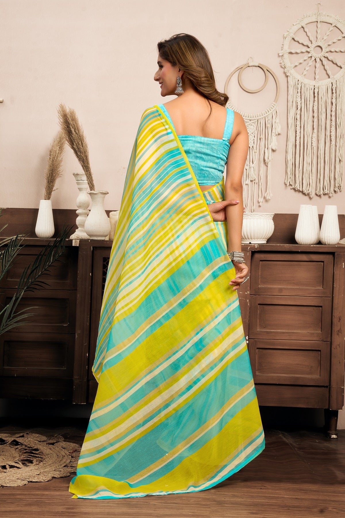 Dwija Fashion Mint Green Party Wear Printed Linen Ready To Wear Saree With Unstitched Blouse | Grocsy
