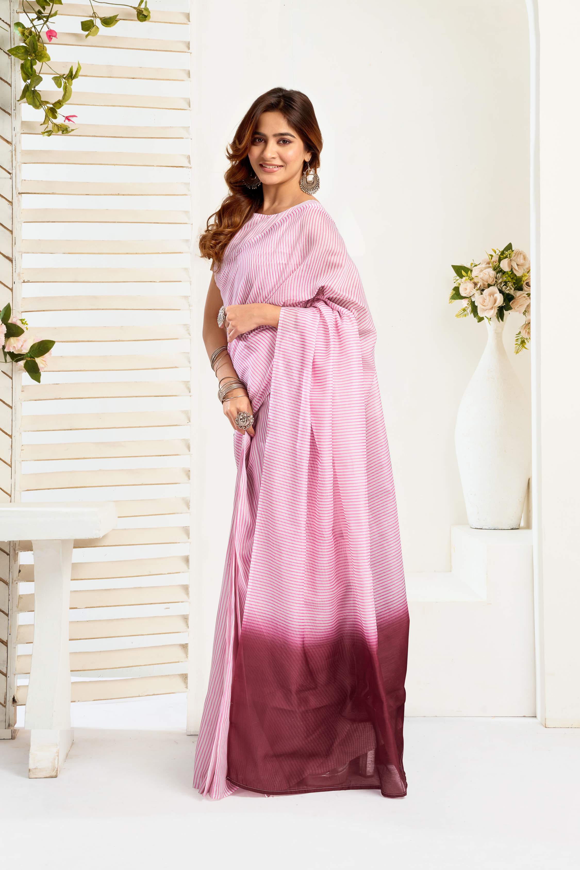 Dwija Fashion Pink Party Wear Printed Linen Ready To Wear Saree With Unstitched Blouse | Grocsy