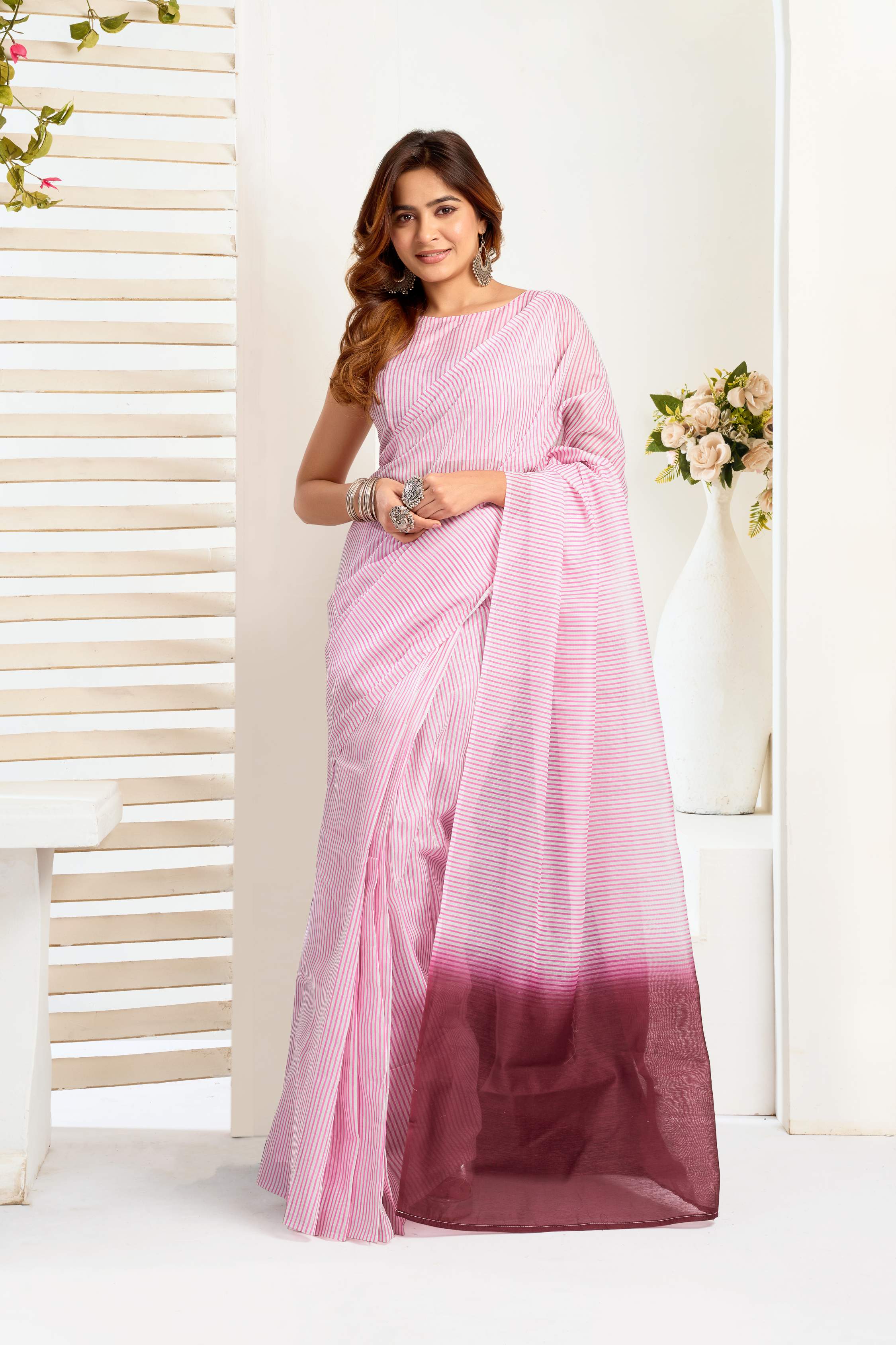 Dwija Fashion Pink Party Wear Printed Linen Ready To Wear Saree With Unstitched Blouse | Grocsy
