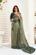 Dwija Fashion Dark Green Party Wear Printed Linen Ready To Wear Saree With Unstitched Blouse | Grocsy