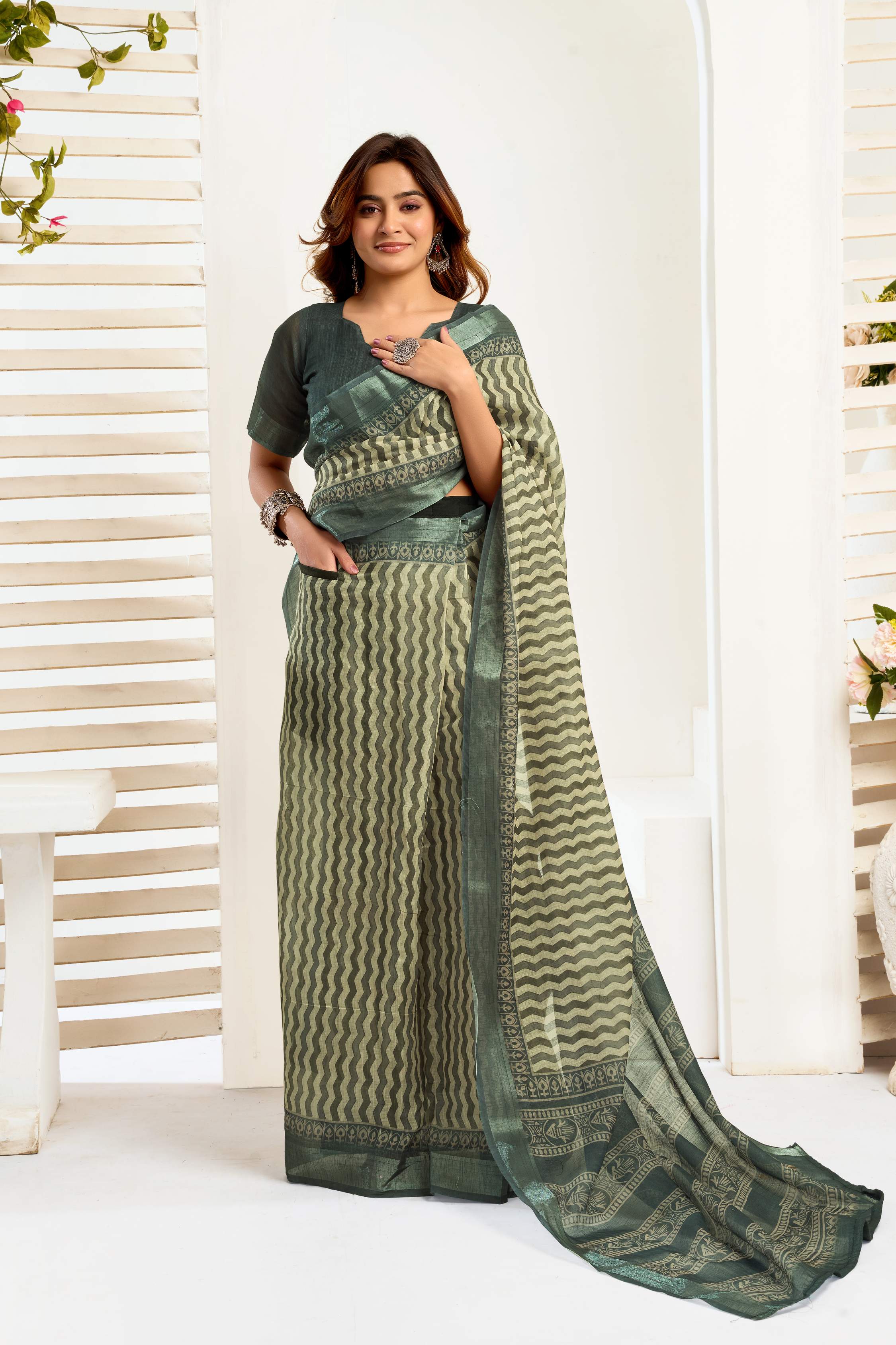 Dwija Fashion Dark Green Party Wear Printed Linen Ready To Wear Saree With Unstitched Blouse | Grocsy