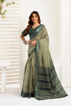 Dwija Fashion Dark Green Party Wear Printed Linen Ready To Wear Saree With Unstitched Blouse | Grocsy
