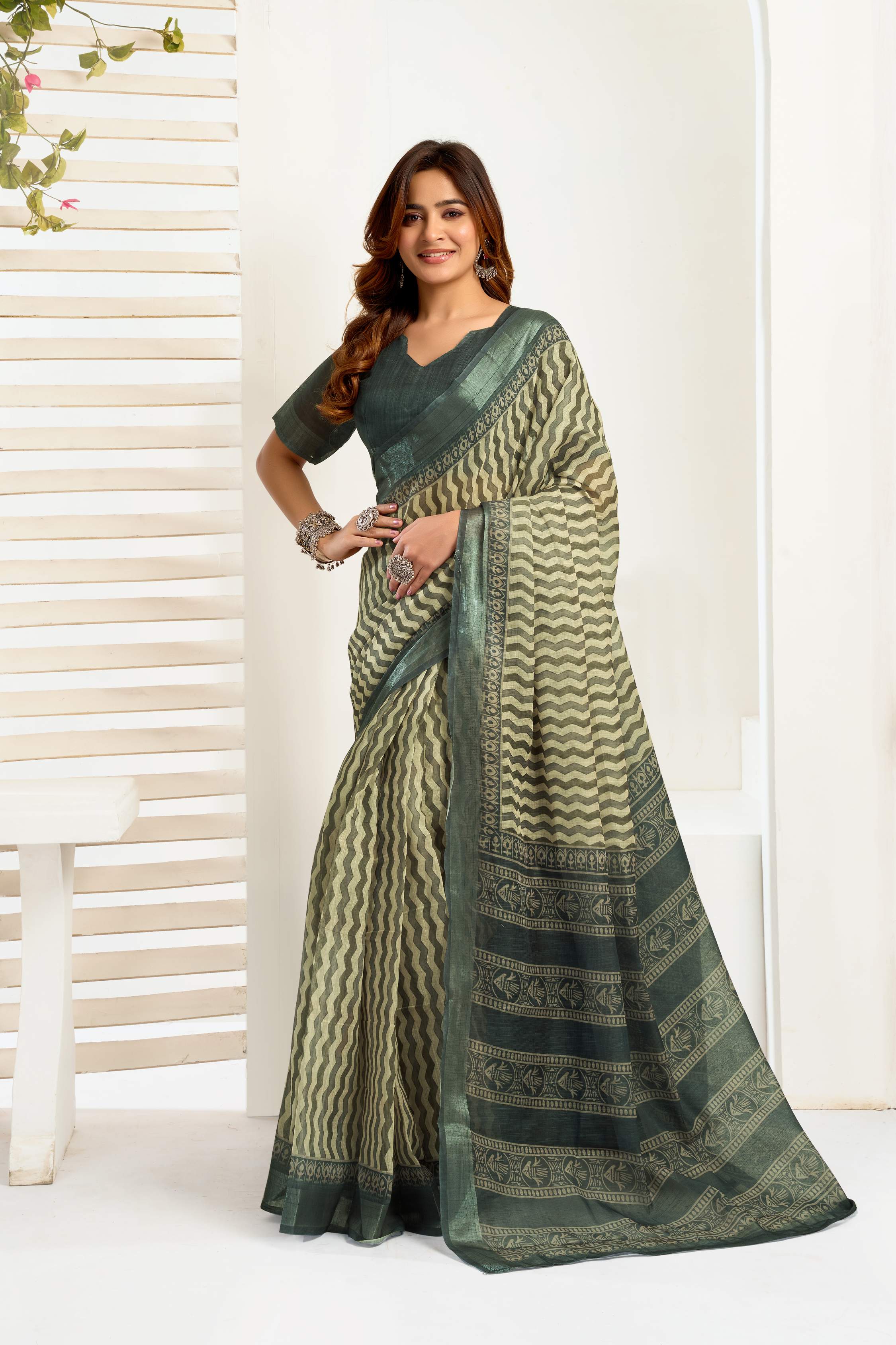 Dwija Fashion Dark Green Party Wear Printed Linen Ready To Wear Saree With Unstitched Blouse | Grocsy