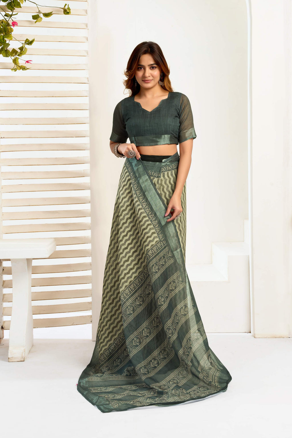 Dwija Fashion Dark Green Party Wear Printed Linen Ready To Wear Saree With Unstitched Blouse | Grocsy