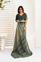 Dwija Fashion Dark Green Party Wear Printed Linen Ready To Wear Saree With Unstitched Blouse | Grocsy