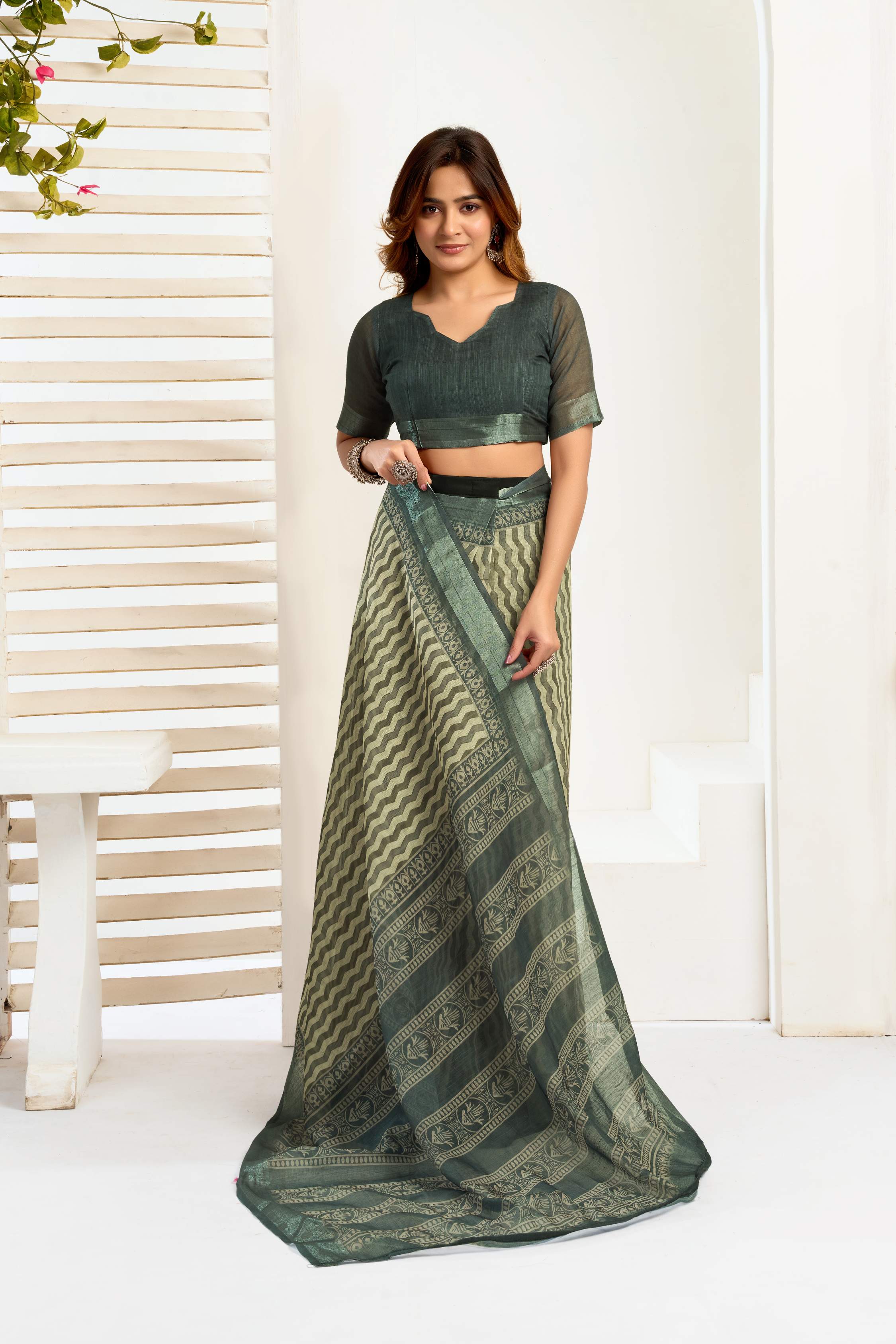 Dwija Fashion Dark Green Party Wear Printed Linen Ready To Wear Saree With Unstitched Blouse | Grocsy