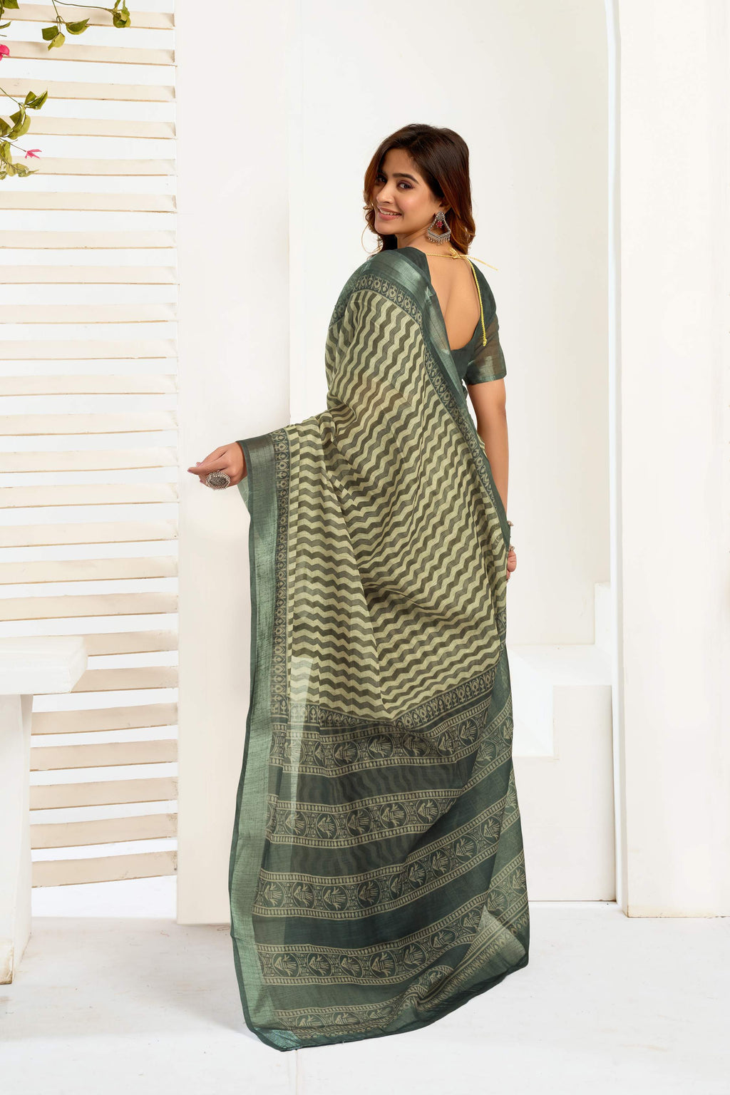 Dwija Fashion Dark Green Party Wear Printed Linen Ready To Wear Saree With Unstitched Blouse | Grocsy