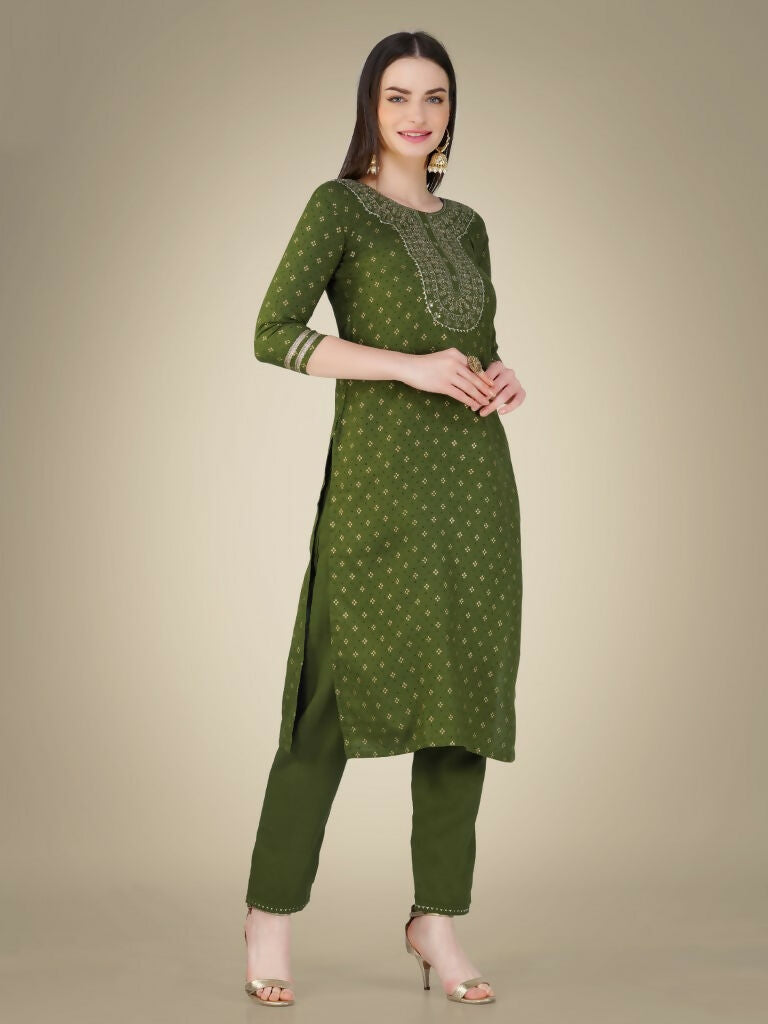 Jyoti Fashion Women's Mehendi Cotton Magic Slub Embroidery & Sequence work Kurta with Trouser & Dupatta | Grocsy