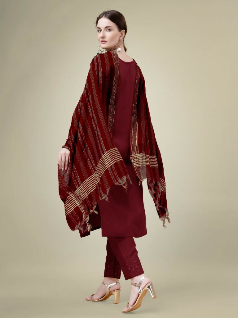 Jyoti Fashion Women's Maroon Cotton Blend Embroidery & Sequence work Kurta with Trouser & Dupatta | Grocsy