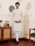 Off White Viscose Chikankari Embroidery Work Men's Rajwadi Kurta Set - Mahotsav | Grocsy