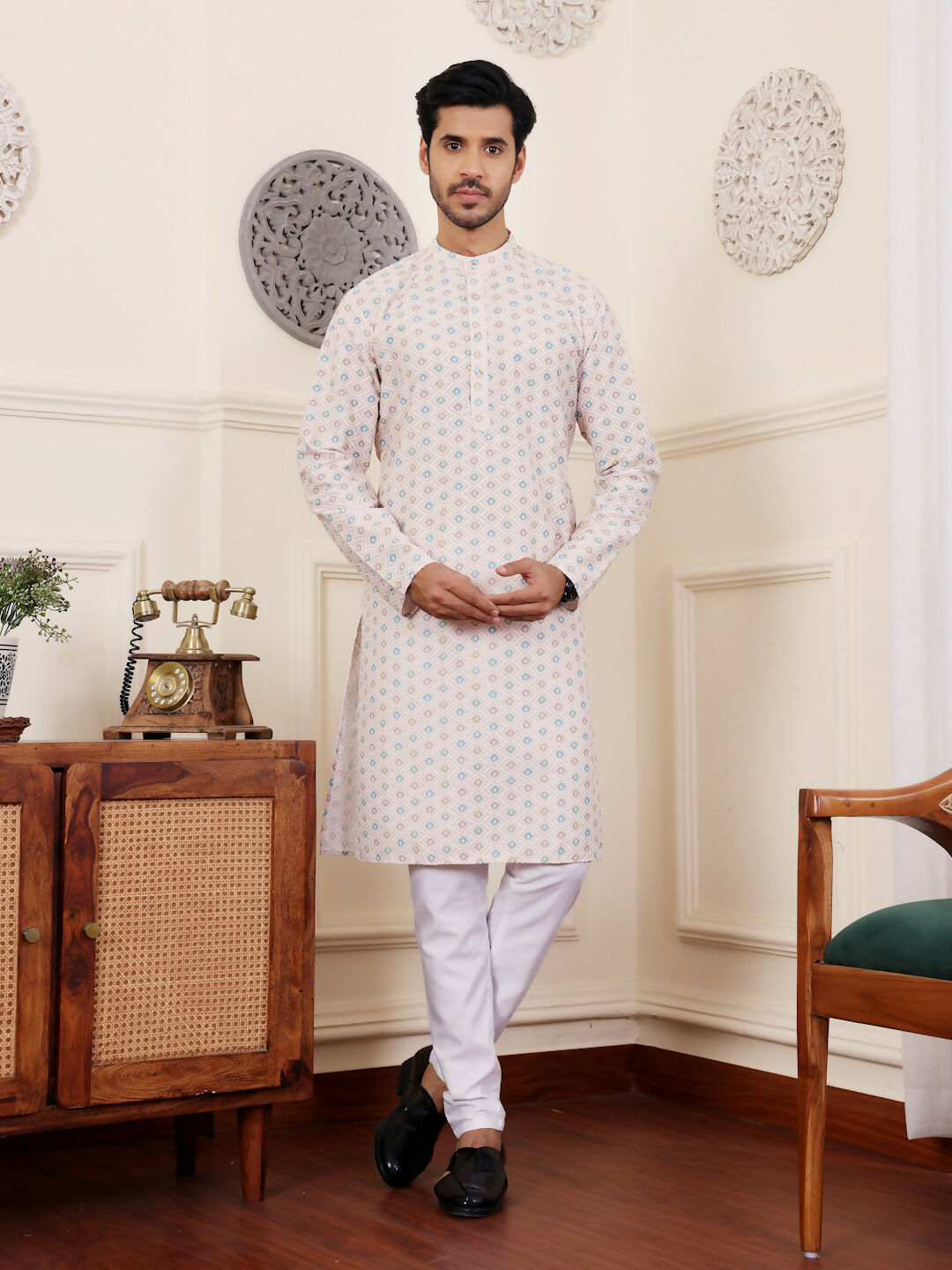 Off White Viscose Chikankari Embroidery Work Men's Rajwadi Kurta Set - Mahotsav | Grocsy