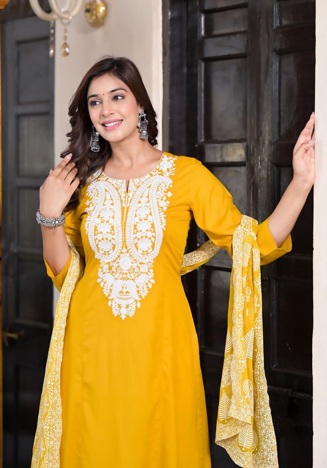 Juniper Women's Mustard Thread Embroidered Rayon Kurta Set | Grocsy