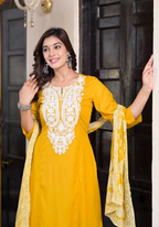 Juniper Women's Mustard Thread Embroidered Rayon Kurta Set | Grocsy