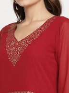 Ahalyaa Women's Maroon Georgette Gold Foil Print Flared Kurta With Dupatta | Grocsy