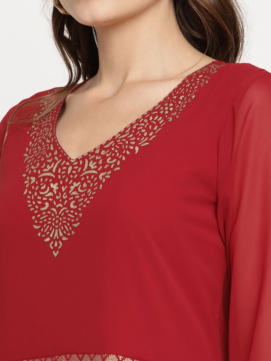Ahalyaa Women's Maroon Georgette Gold Foil Print Flared Kurta With Dupatta | Grocsy