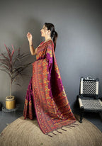 Elora Burgundy Pashmina Silk Meenakari Weaving Madhubani Design Kashmiri Saree | Grocsy