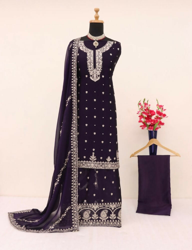 Vastranavya Glamorous Purple Chinon Palazzo Suit With Intricate Sequins Embroidery Work with Dupatta | Grocsy