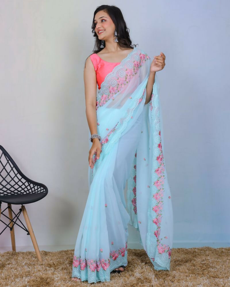 Vamsee Rashmika Sky Blue Georgette Saree | Grocsy
