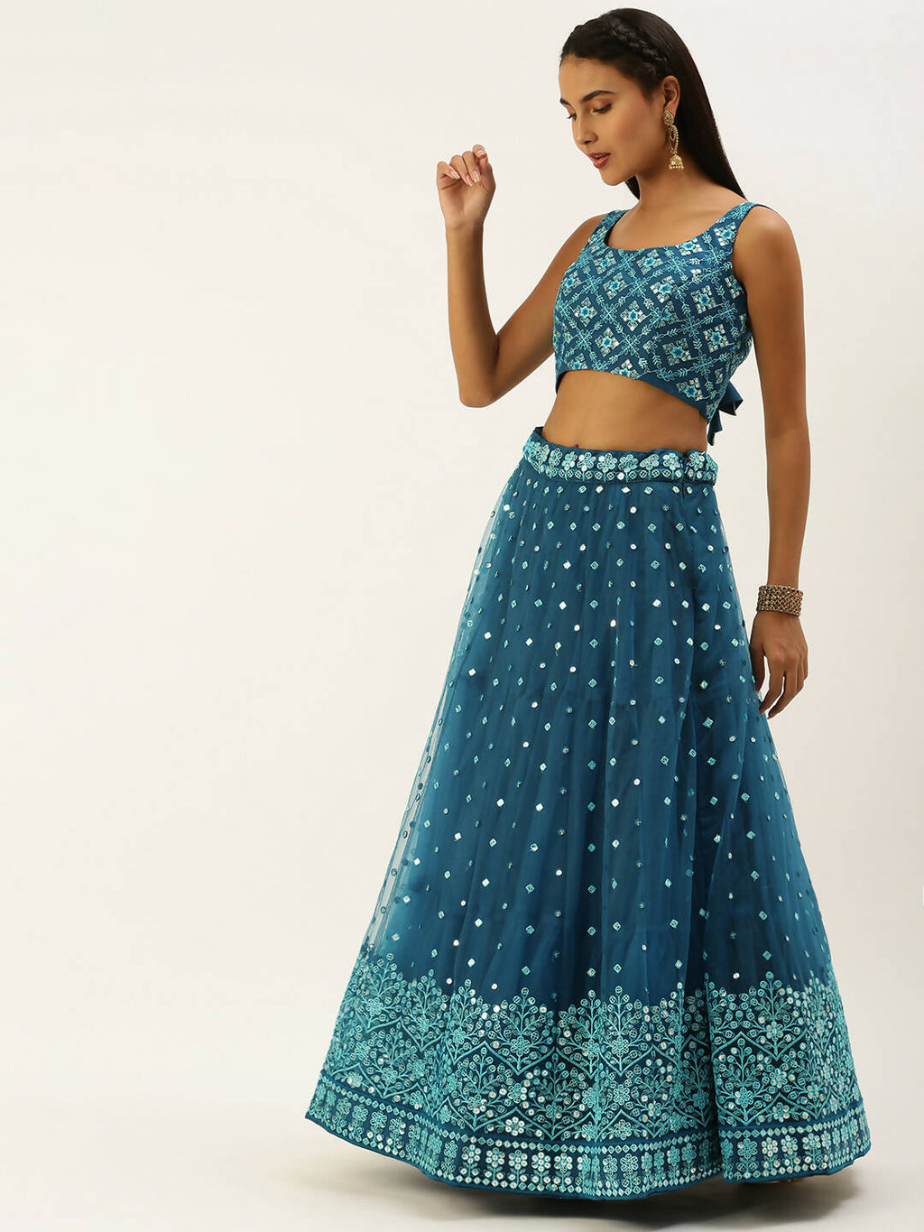 House of Panchhi Teal Net Sequinse Work Lehenga & Blouse, Dupatta | Grocsy