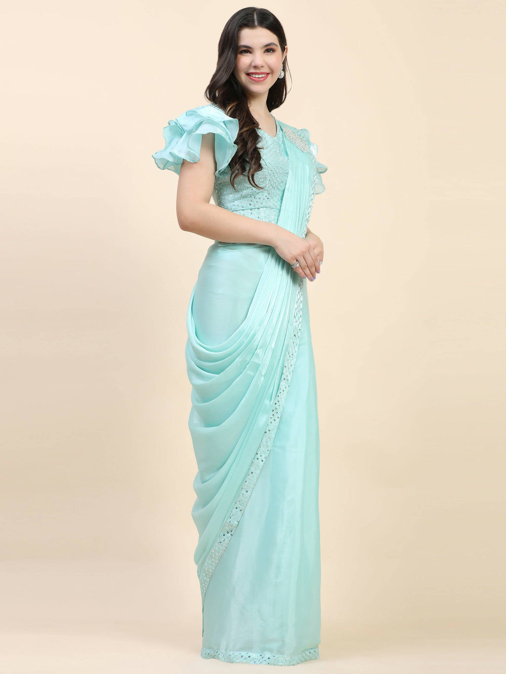 Light Blue Silk Satin Sequence Work Ready to Wear Saree with stitched Blouse - Nirvana | Grocsy
