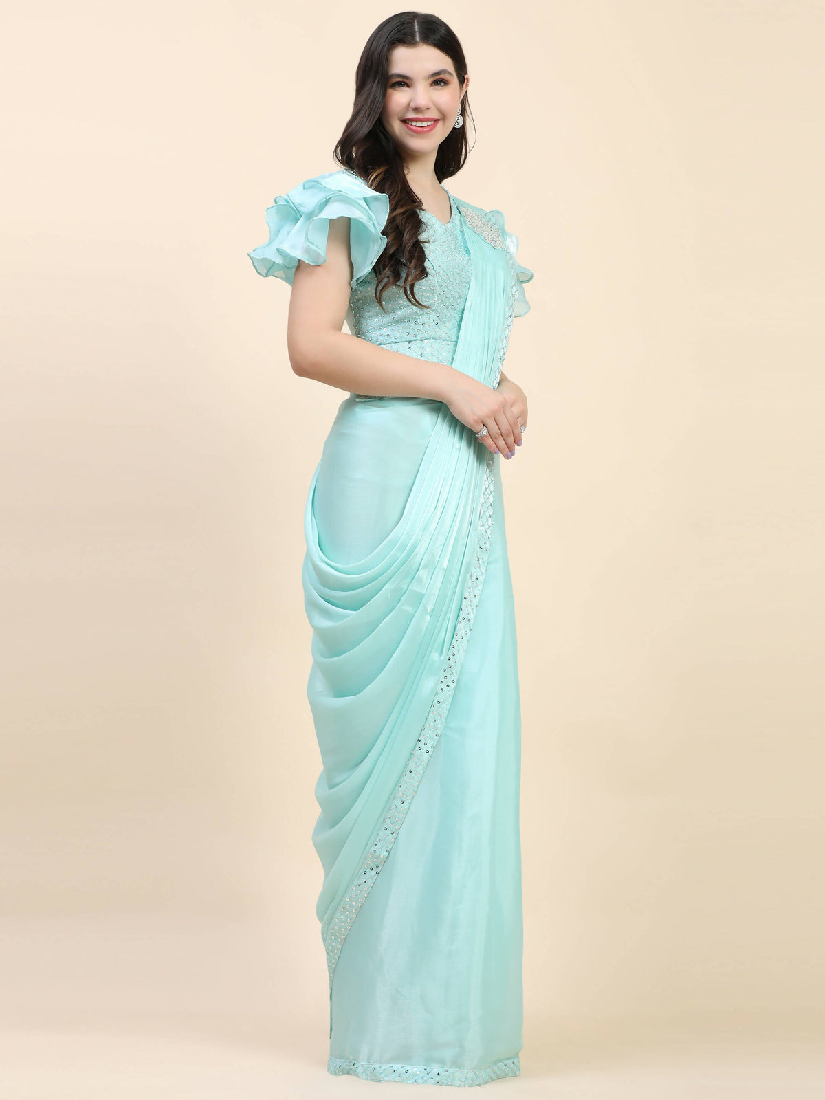 Light Blue Silk Satin Sequence Work Ready to Wear Saree with stitched Blouse - Nirvana | Grocsy