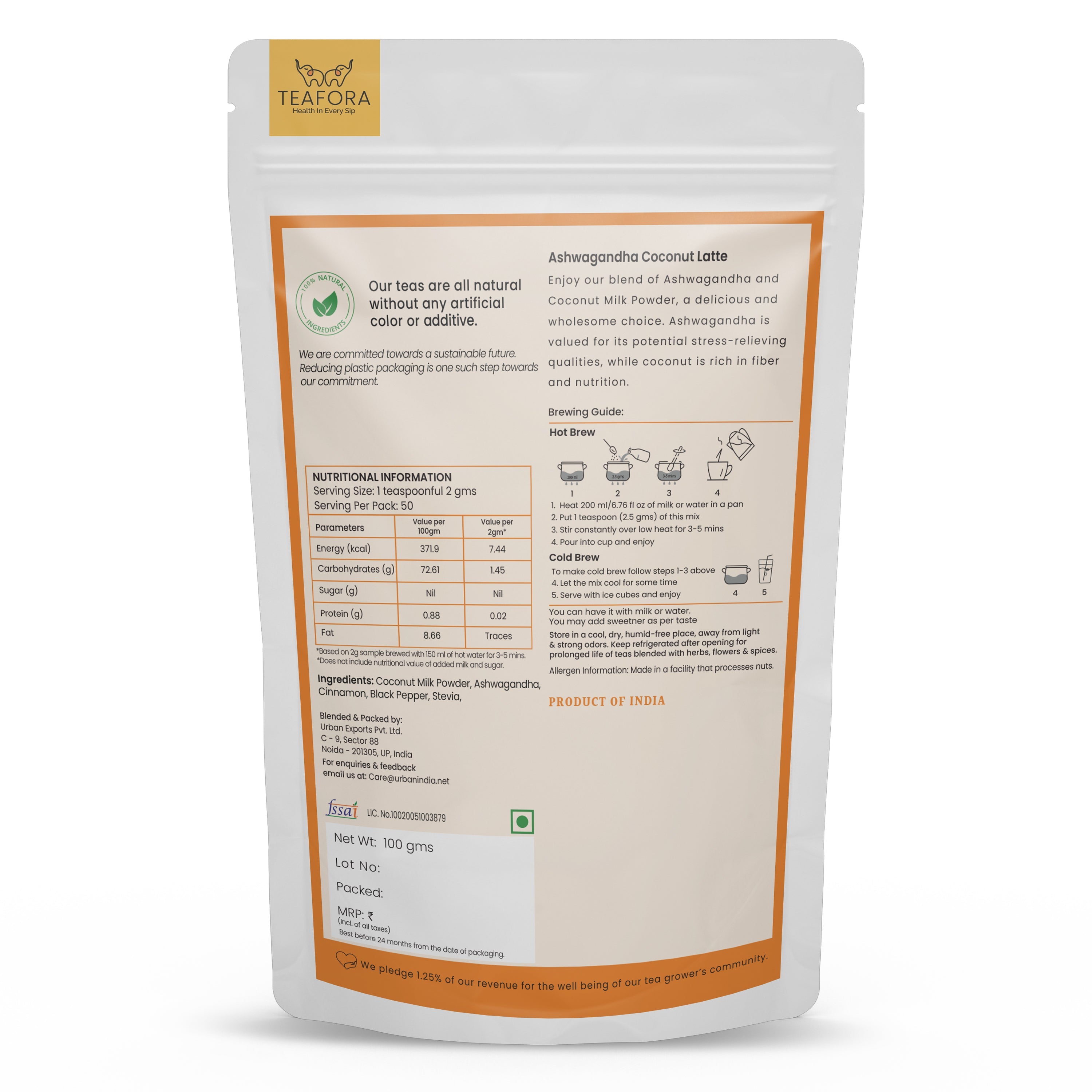 TEAFORA Ashwagandha Coconut Latte | CAFFEINE-FREE Herbal Tea | Indian Superfoods Ashwagandha & Coconut | Relieves Stress and Supports Immunity | 100% NATURAL | Grocsy