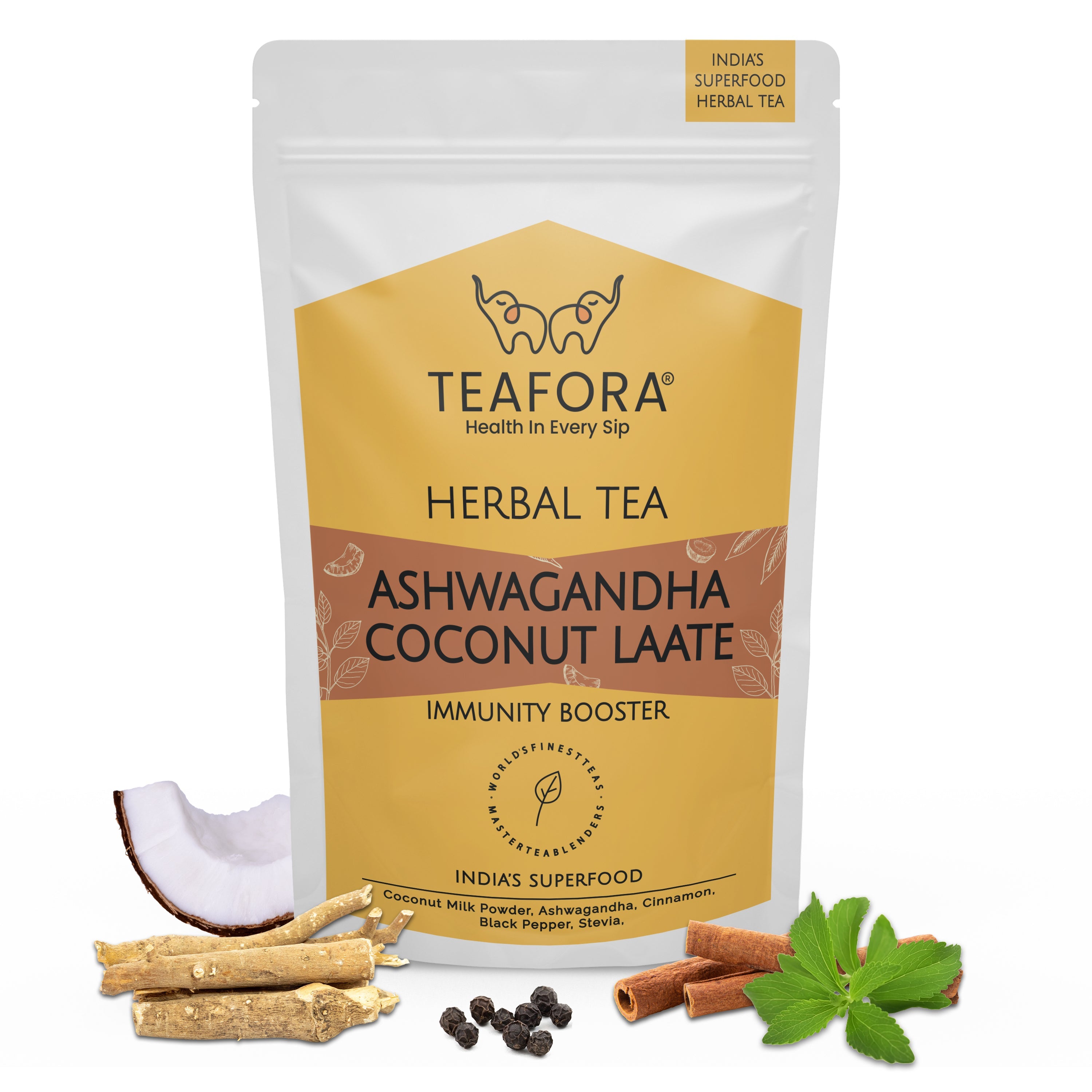 TEAFORA Ashwagandha Coconut Latte | CAFFEINE-FREE Herbal Tea | Indian Superfoods Ashwagandha & Coconut | Relieves Stress and Supports Immunity | 100% NATURAL | Grocsy