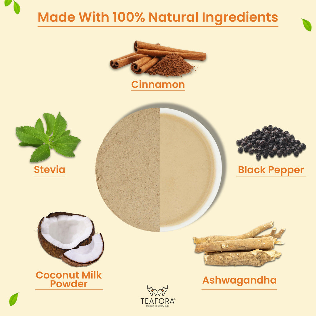 TEAFORA Ashwagandha Coconut Latte | CAFFEINE-FREE Herbal Tea | Indian Superfoods Ashwagandha & Coconut | Relieves Stress and Supports Immunity | 100% NATURAL | Grocsy