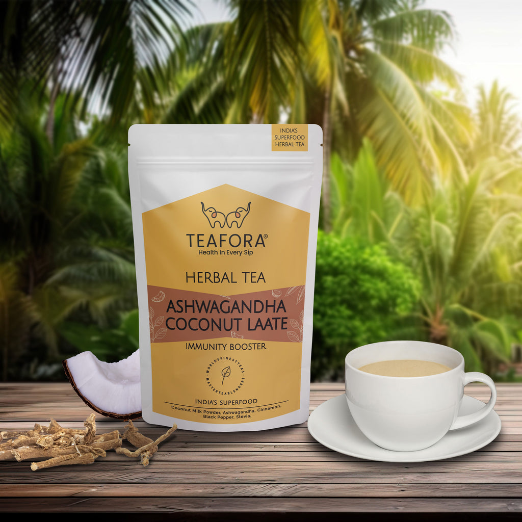 TEAFORA Ashwagandha Coconut Latte | CAFFEINE-FREE Herbal Tea | Indian Superfoods Ashwagandha & Coconut | Relieves Stress and Supports Immunity | 100% NATURAL | Grocsy