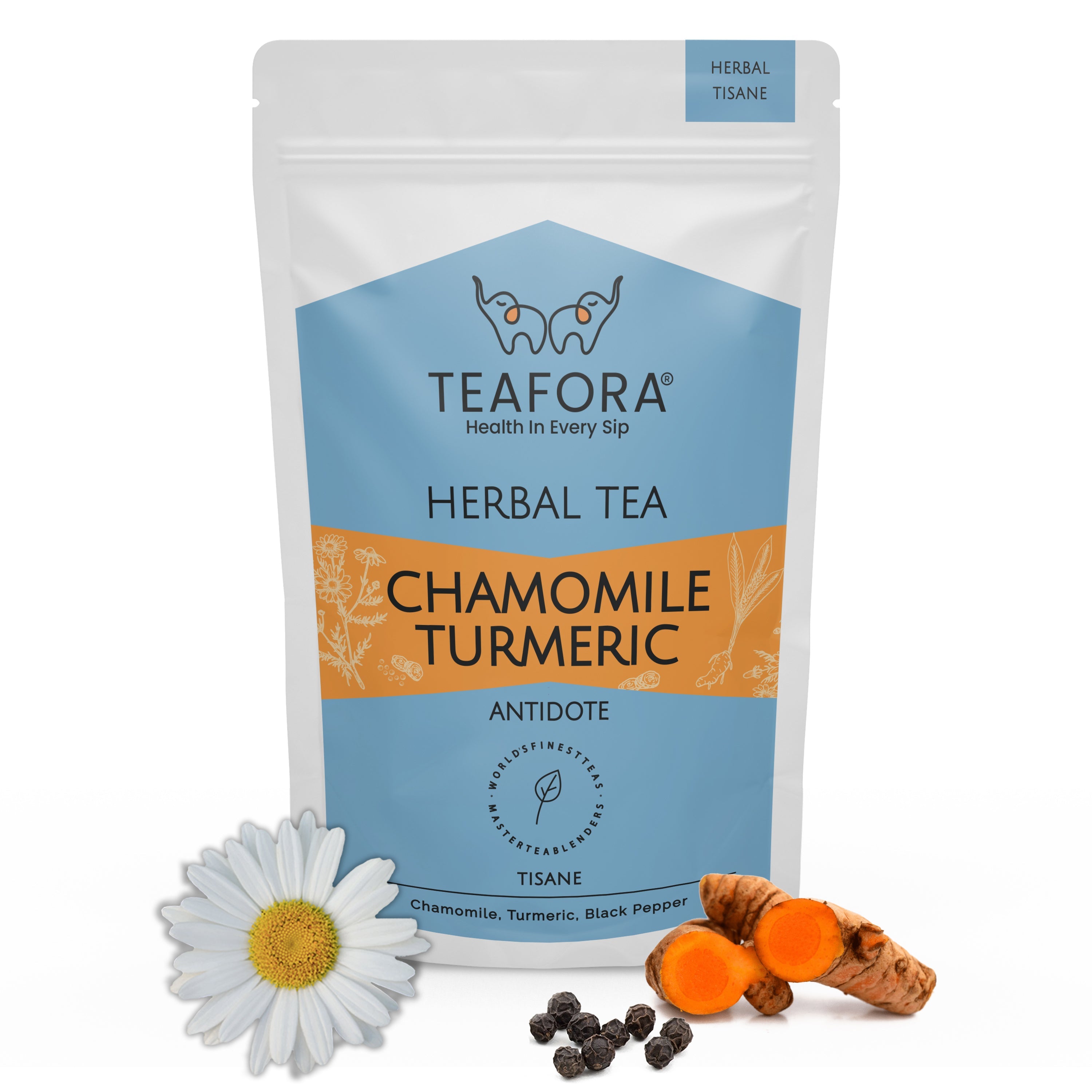TEAFORA Chamomile Turmeric Herbal Tea | Calming and Relaxing | Chamomile, Turmeric, Black Pepper | Stress Buster | CAFFEINE-FREE | 100% NATURAL | Grocsy