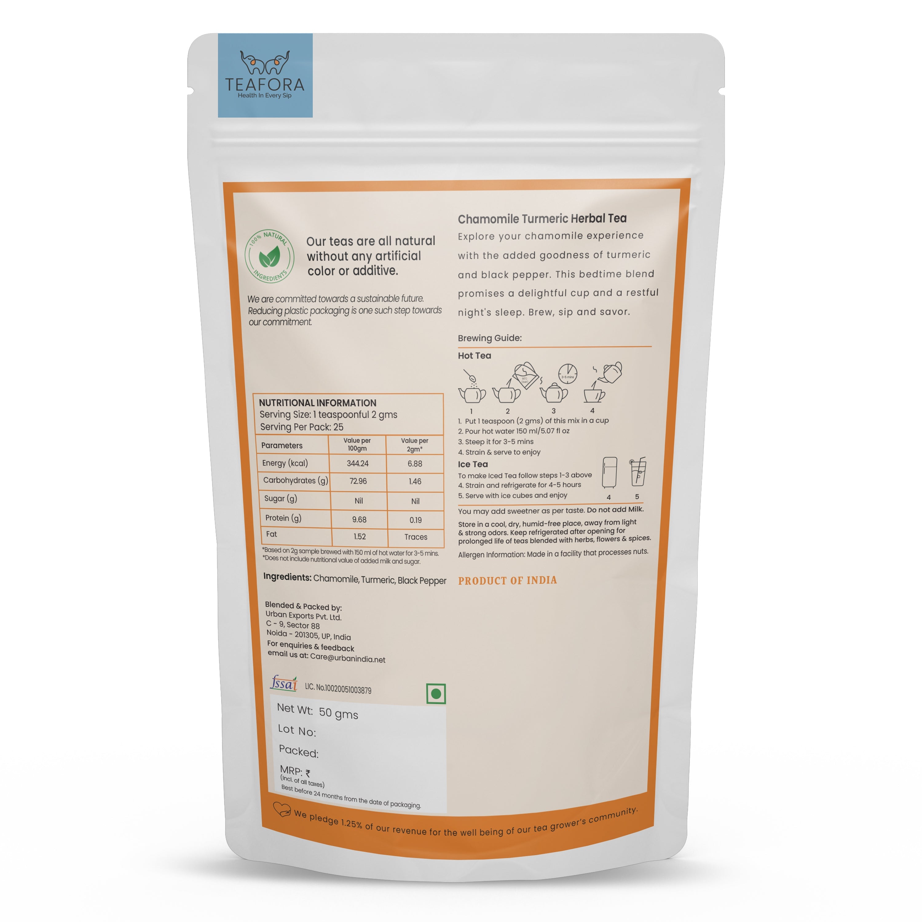 TEAFORA Chamomile Turmeric Herbal Tea | Calming and Relaxing | Chamomile, Turmeric, Black Pepper | Stress Buster | CAFFEINE-FREE | 100% NATURAL | Grocsy