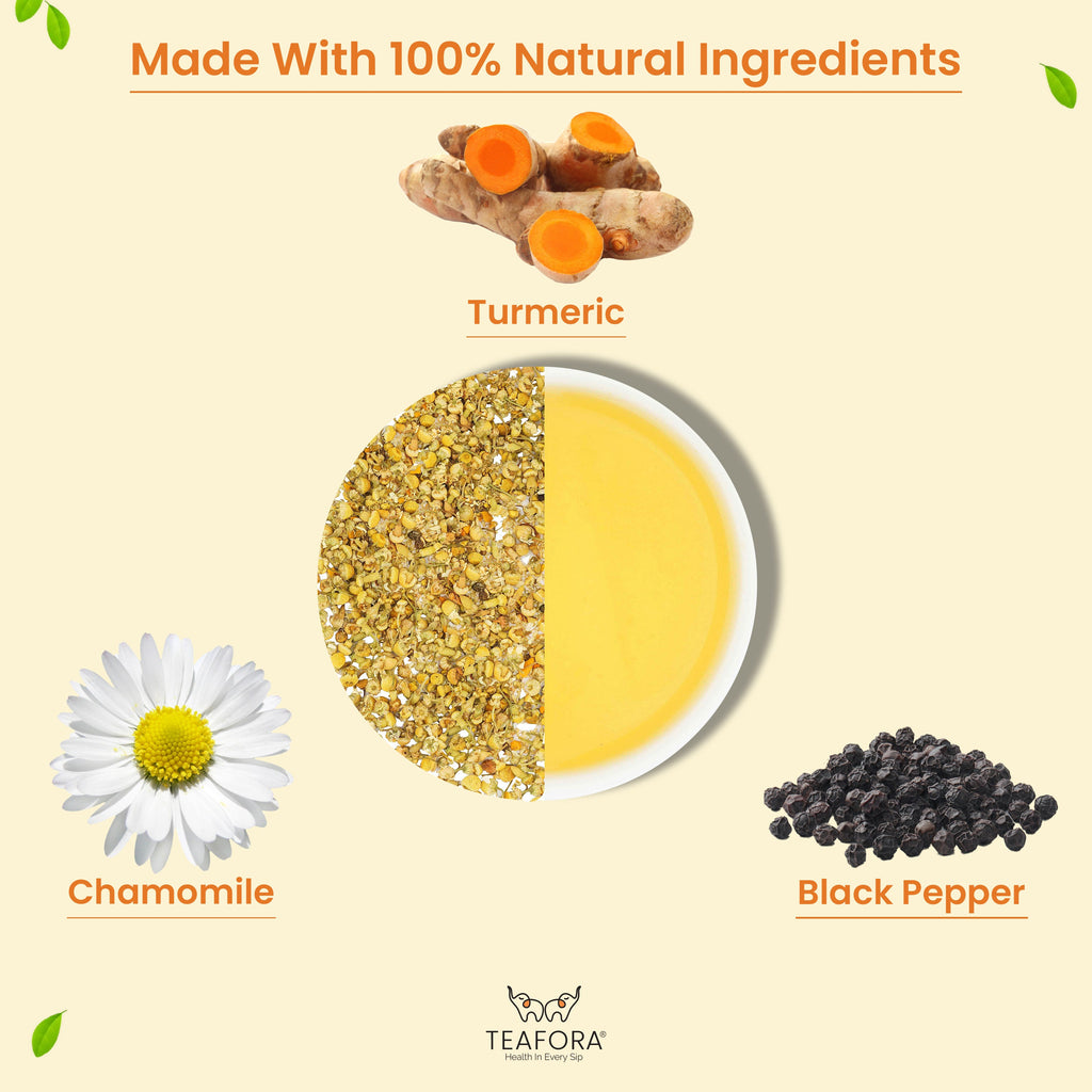 TEAFORA Chamomile Turmeric Herbal Tea | Calming and Relaxing | Chamomile, Turmeric, Black Pepper | Stress Buster | CAFFEINE-FREE | 100% NATURAL | Grocsy