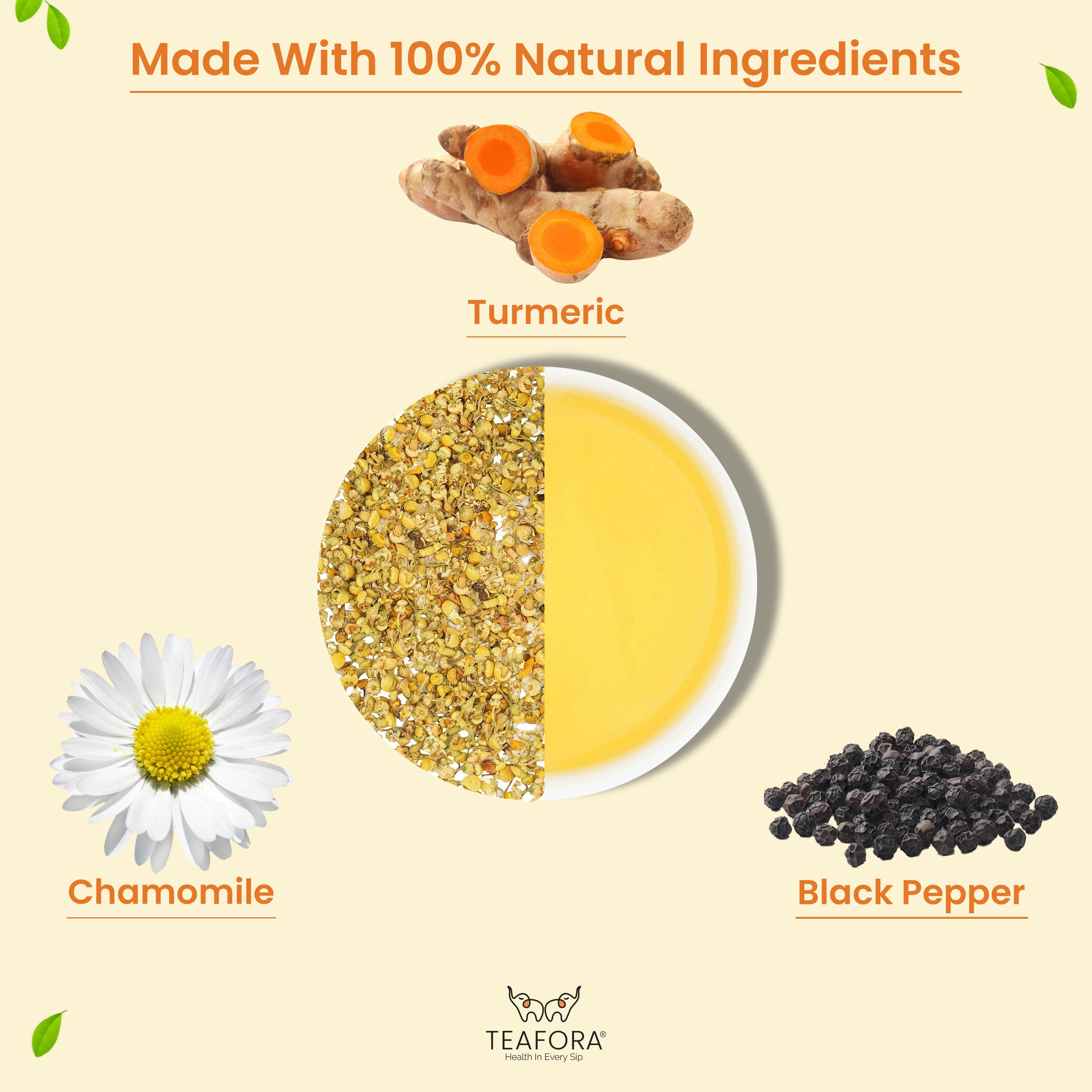 TEAFORA Chamomile Turmeric Herbal Tea | Calming and Relaxing | Chamomile, Turmeric, Black Pepper | Stress Buster | CAFFEINE-FREE | 100% NATURAL | Grocsy