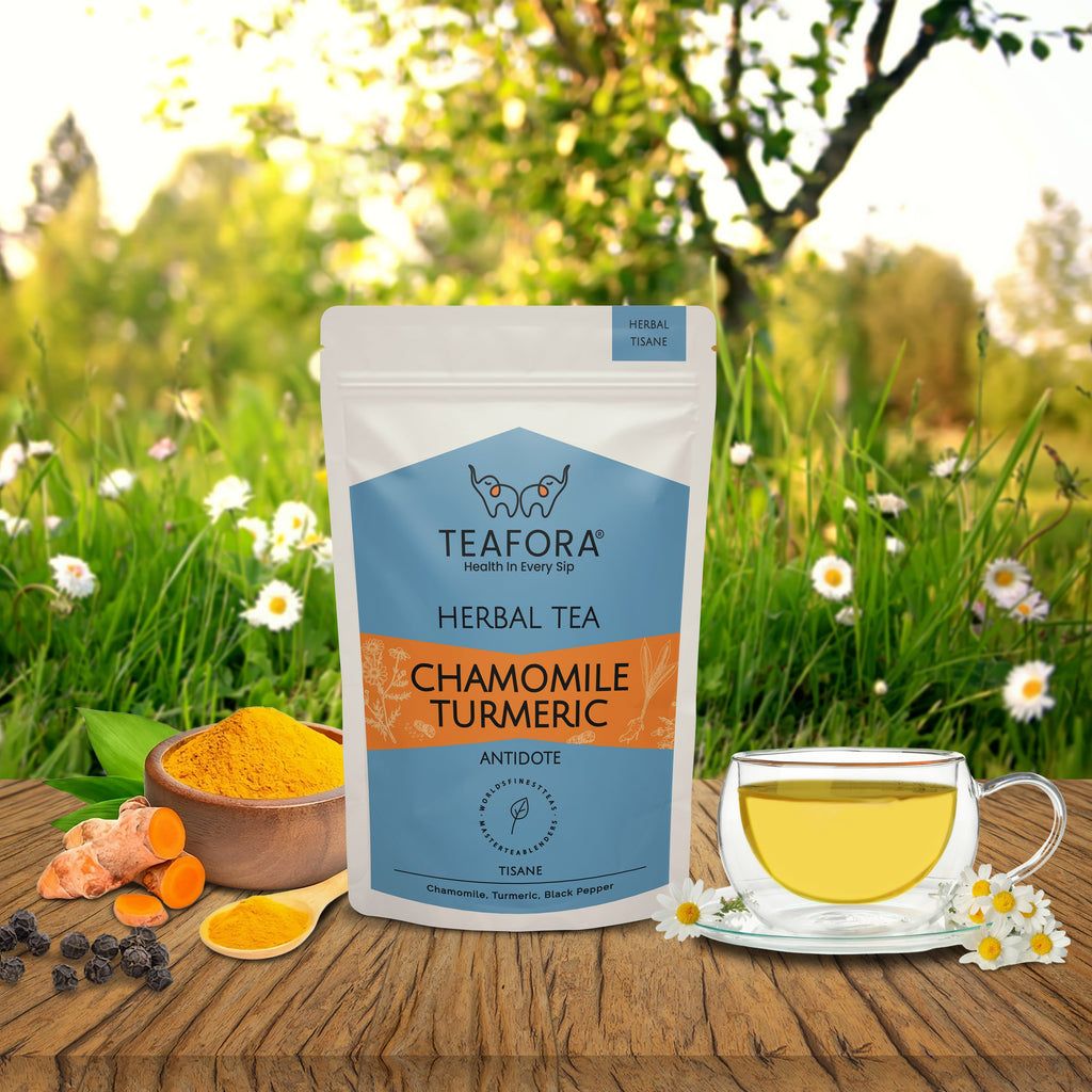 TEAFORA Chamomile Turmeric Herbal Tea | Calming and Relaxing | Chamomile, Turmeric, Black Pepper | Stress Buster | CAFFEINE-FREE | 100% NATURAL | Grocsy