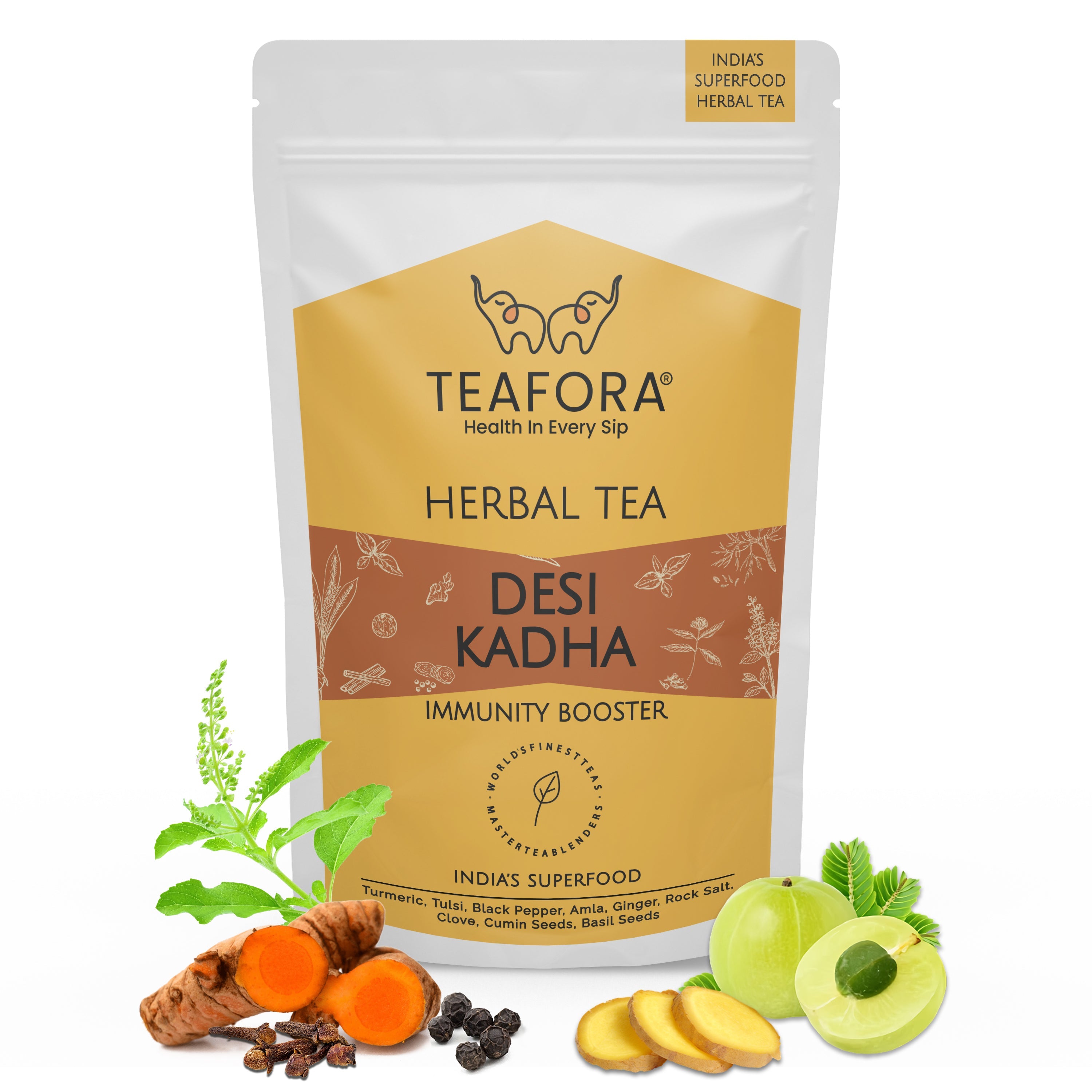 TEAFORA Desi Kadha | Immunity Booster Herbal Tea | Indian Superfoods Turmeric, Amla, Tulsi, Ginger & Rock Salt | Relaxing & Warming | 100% NATURAL | Grocsy