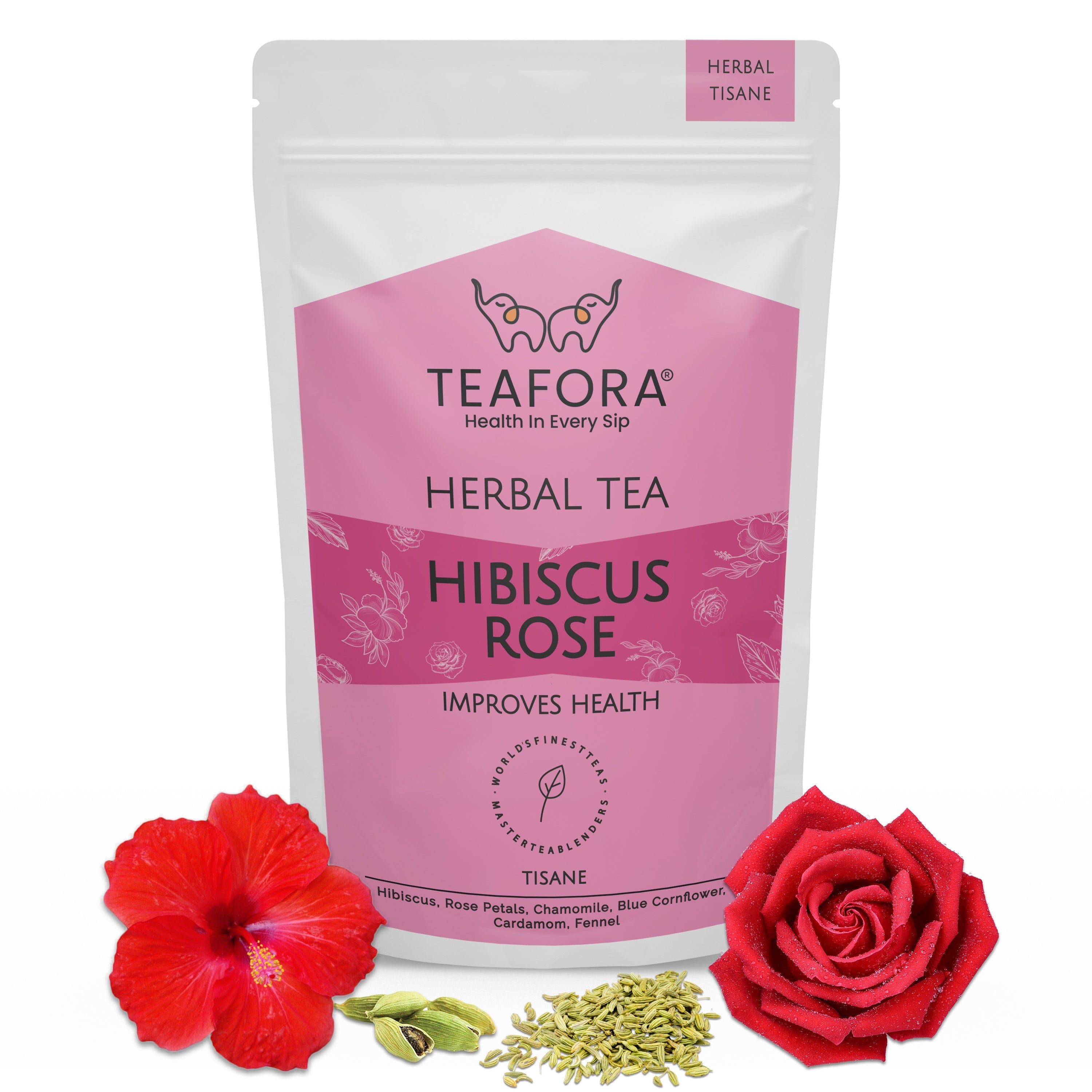 TEAFORA Hibiscus Rose Herbal Tea | CAFFEINE-FREE | 100% NATURAL | Hibiscus, Rose, Chamomile, Blue Cornflower, Fennel, Licorice | Brew Hot or as Iced Tea | Grocsy