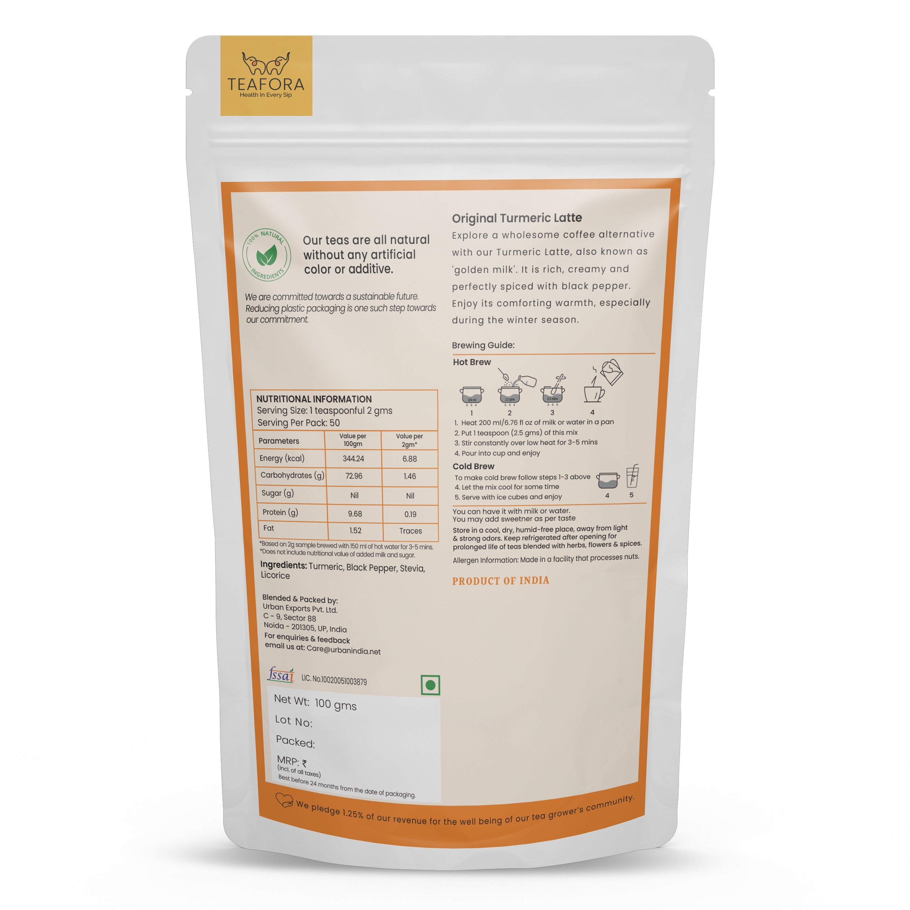 TEAFORA Original Turmeric Latte | Golden Milk Powder | Authentic Indian Remedy | Reduces Inflammation & Supports Immunity | 100% NATURAL INGREDIENTS | Grocsy