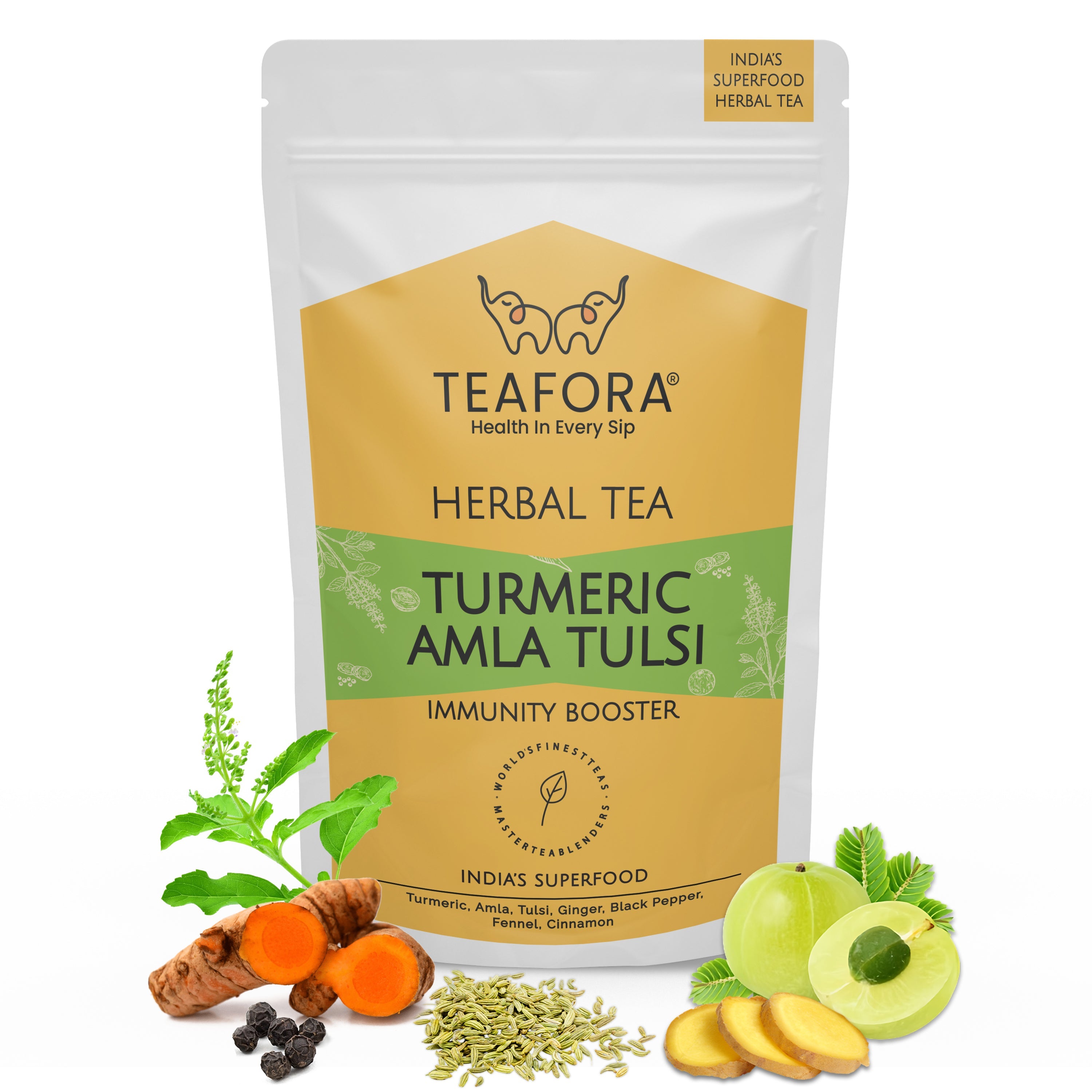TEAFORA Turmeric Amla Tulsi Herbal Tea | CAFFEINE-FREE | Blended with Ginger, Blueberry, Cinnamon & Stevia | Improves Hair Growth, Supports Immunity | Grocsy