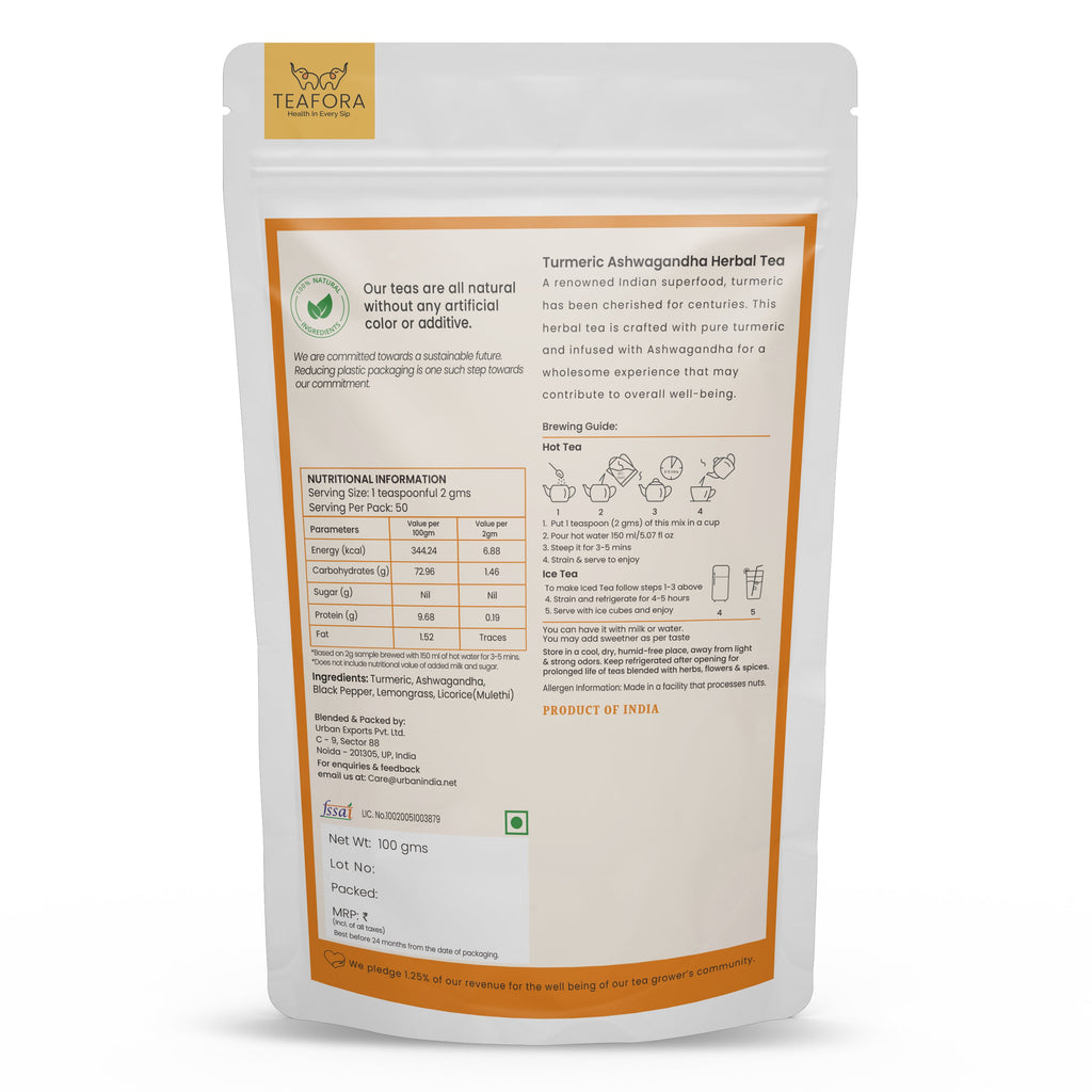 TEAFORA Turmeric Ashwagandha Herbal Tea | CAFFEINE-FREE | Indian Superfoods Blended with Black Pepper & Licorice | Supports Immunity | 100% NATURAL INGREDIENTS | Grocsy