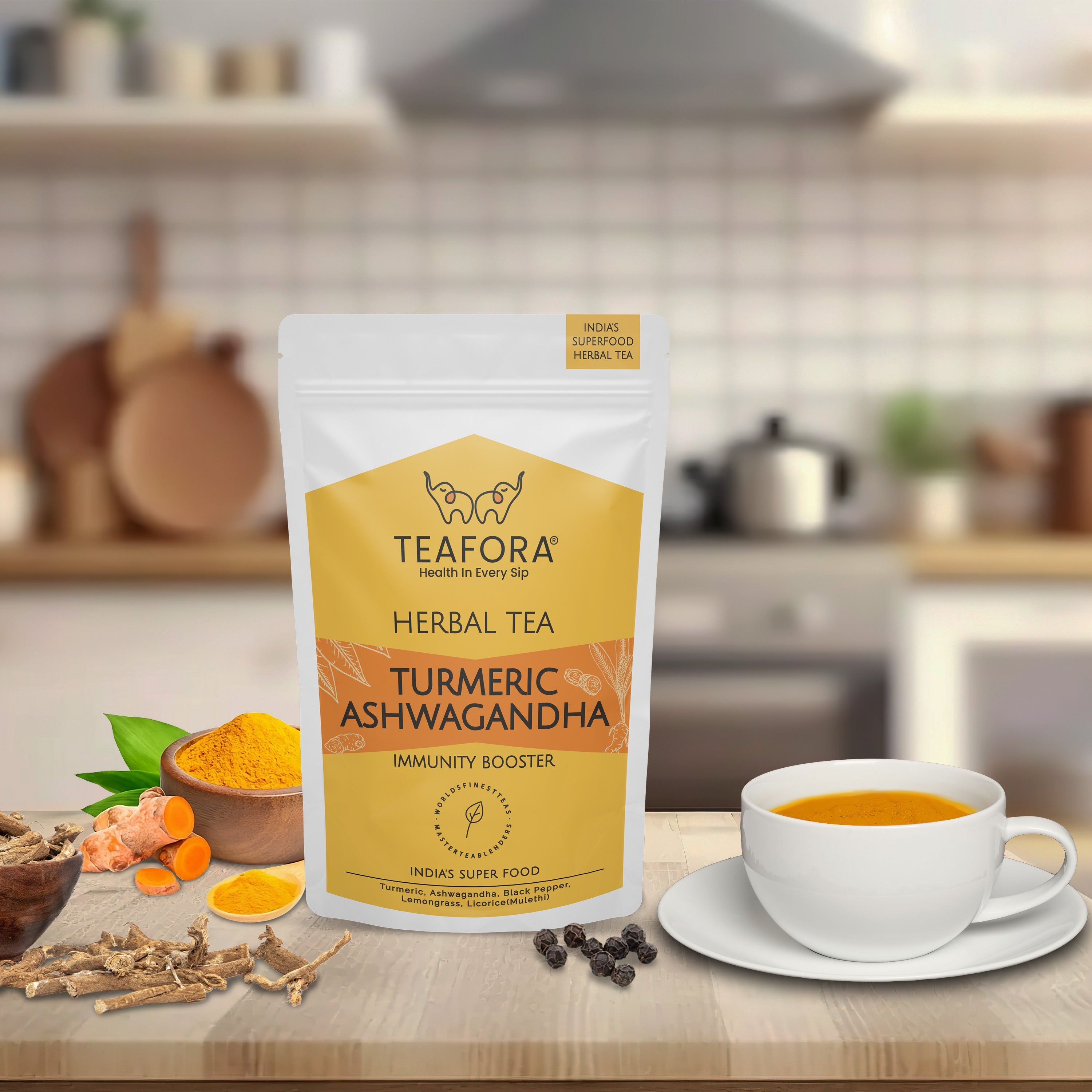 TEAFORA Turmeric Ashwagandha Herbal Tea | CAFFEINE-FREE | Indian Superfoods Blended with Black Pepper & Licorice | Supports Immunity | 100% NATURAL INGREDIENTS | Grocsy