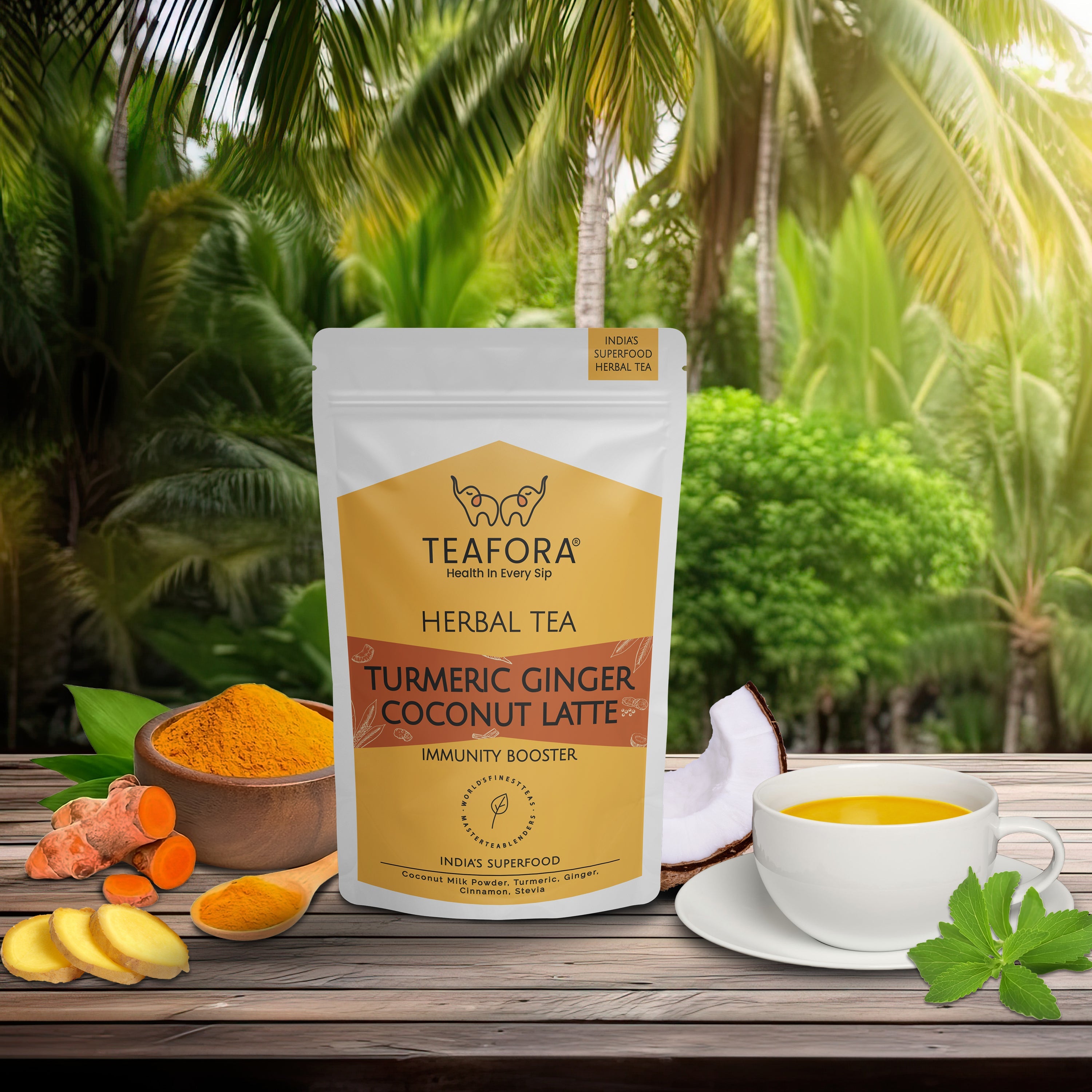 TEAFORA Turmeric Ginger Coconut Latte | Indian Superfoods with Coconut Milk Powder | Aids Digestion, Relieves Stress & Supports Immunity | 100% NATURAL | Grocsy