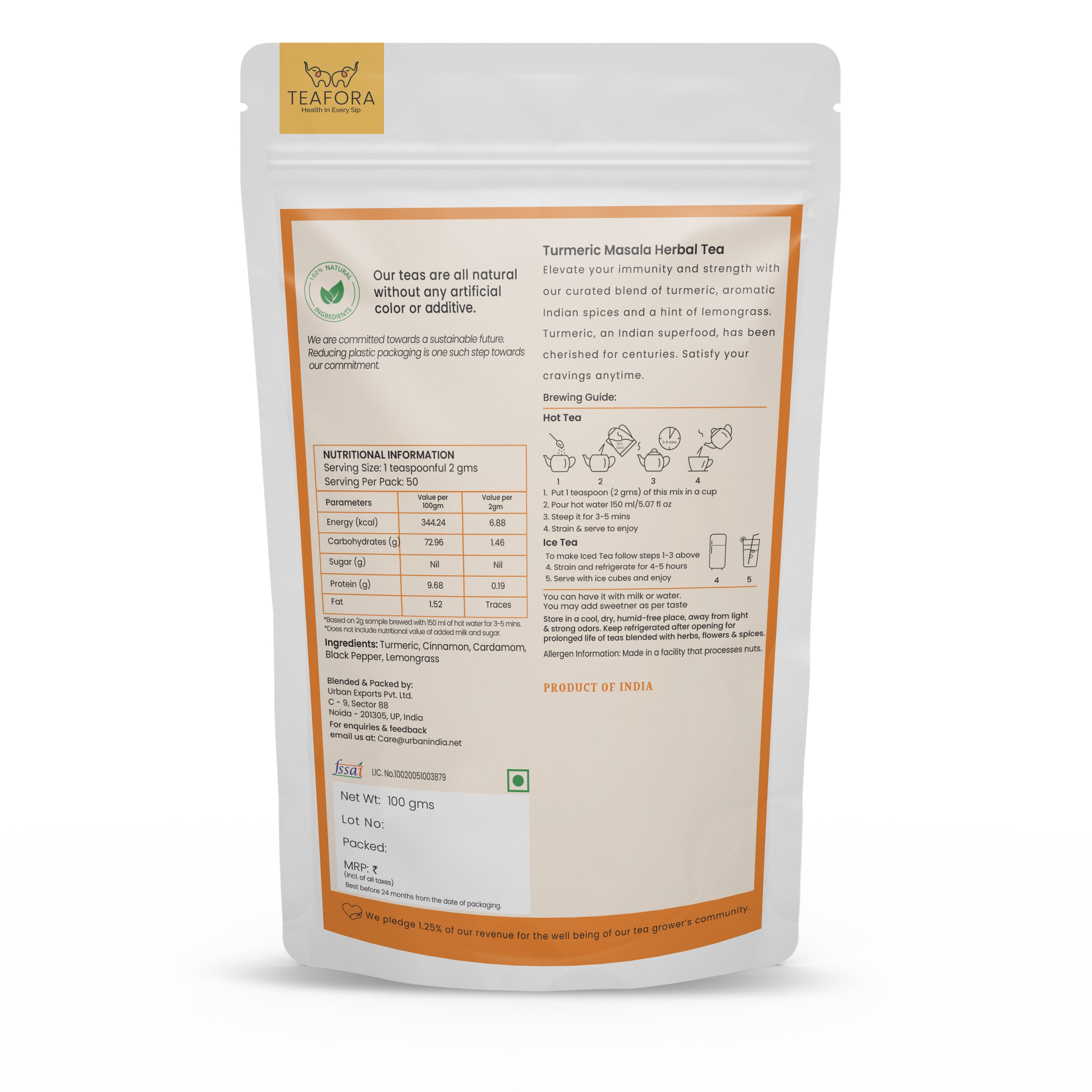 TEAFORA Turmeric Masala Herbal Tea | CAFFEINE-FREE | 100% NATURAL | Immunity Support Tea | Turmeric, Cinnamon, Cardamom, Black Pepper, Lemongrass | Grocsy