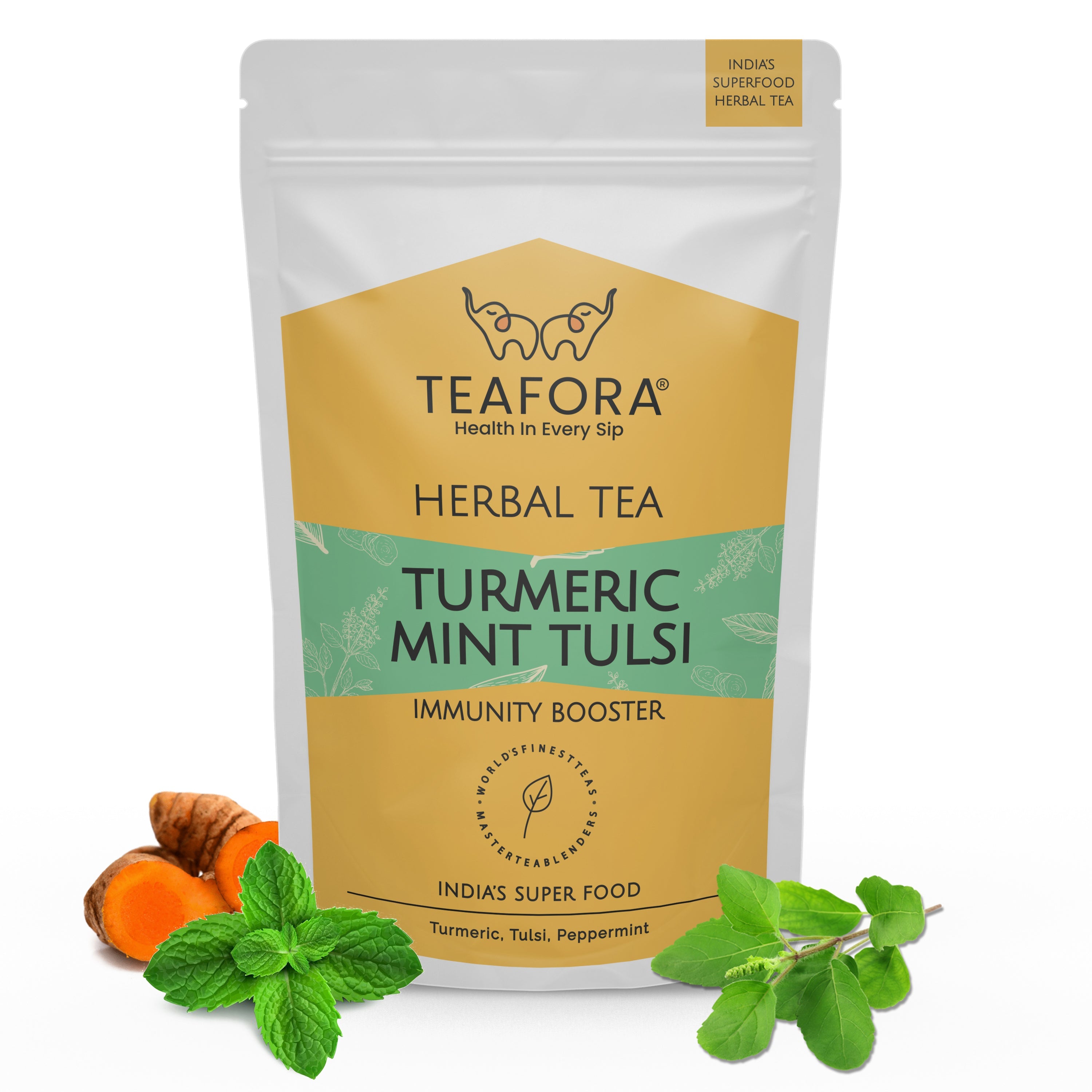 TEAFORA Turmeric Mint Tulsi Herbal Tea | Indian Superfoods | Blend of Turmeric, Tulsi & Peppermint | Immune Support | 100% NATURAL INGREDIENTS | Grocsy