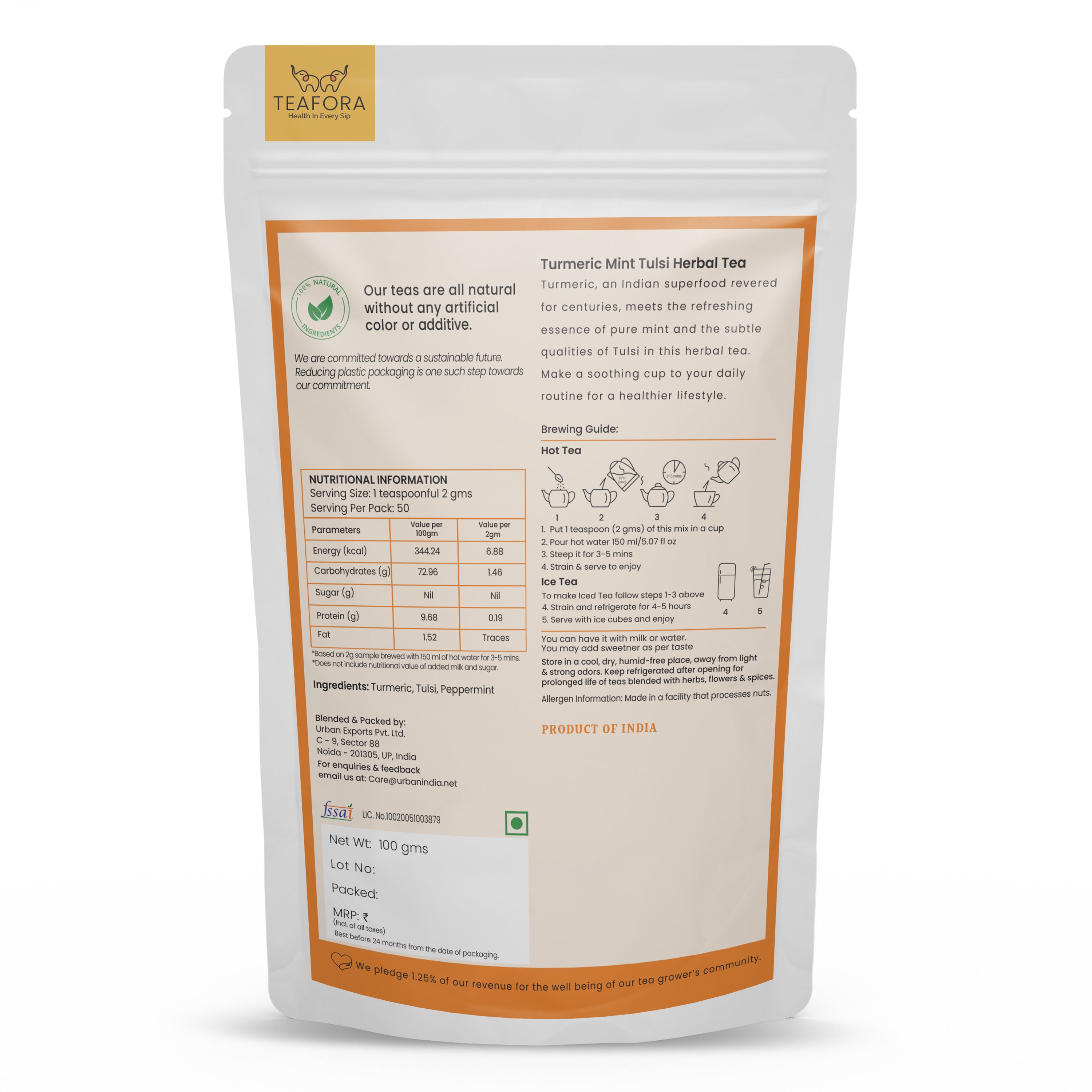 TEAFORA Turmeric Mint Tulsi Herbal Tea | Indian Superfoods | Blend of Turmeric, Tulsi & Peppermint | Immune Support | 100% NATURAL INGREDIENTS | Grocsy